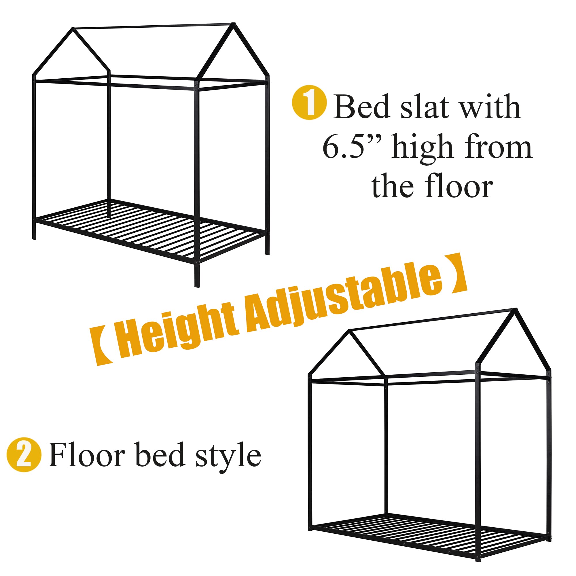Montessori Twin Bed for Kids - Metal House Bed Frame with Roof for Boys & Girls - Black Floor Bed for Children's Bedroom (Box Spring Needed) - Perfect for Montessori Rooms, Playrooms & Small Spaces