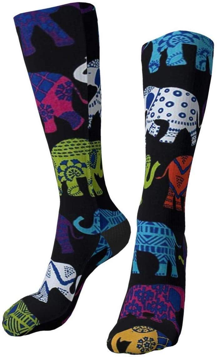 Black Elephants Compression Socks for Men & Women - Crazy Patterned Fun Long Cotton Socks Over The Calf - Perfect for Running, Travel & Work