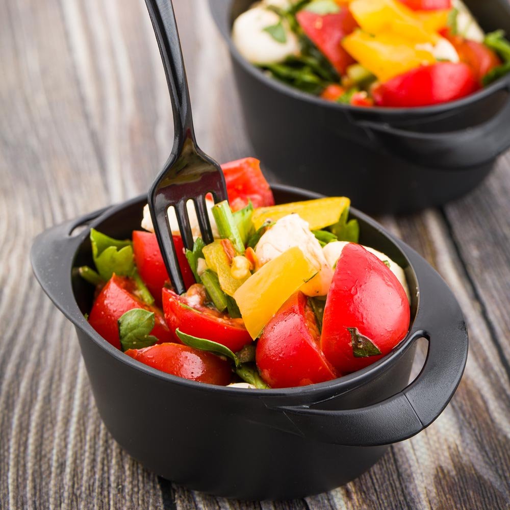 Restaurantware 3oz Mini Serving Dishes - 100 Disposable Black Plastic Appetizer Plates with Built-In Handles for Snacks, Desserts & Party Catering | Perfect for Weddings, Events & Small Bite Presentations