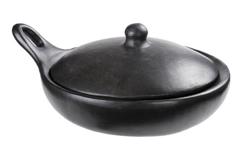 Authentic Chamba Saute Pan - Elegant All-Natural Black Clay Frying Pan with Handle & Lid - Stovetop & Oven Safe - Handmade in Colombia - Perfect for Sauteing, Frying & Slow Cooking