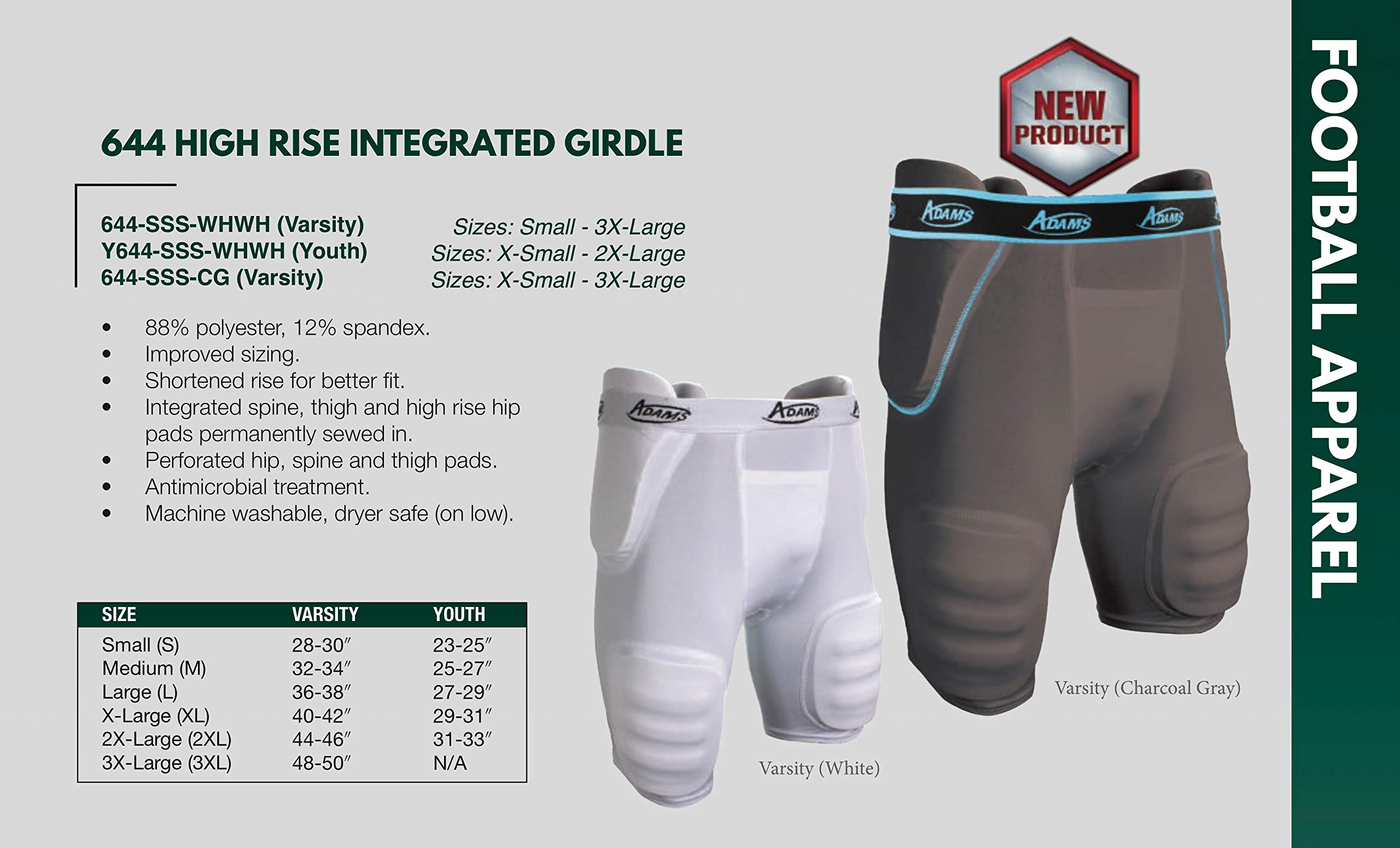Adams Football Girdle Padded Compression Shorts with Sewn-in Hip, Tailbone & Thigh Pads - Protective Football Gear for Men & Youth (White, Medium) - Ideal for Training, Games & Contact Sports