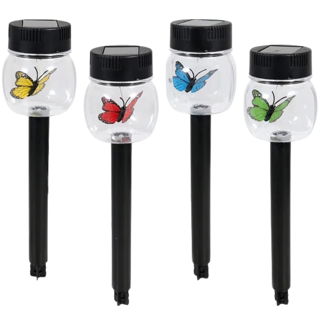 Solar Stake Lights Butterfly in Jar - 4 Pack Outdoor Garden Decor, Waterproof Solar Powered LED Lights for Yard, Pathway, Lawn - Perfect for Patio, Backyard, Wedding & Landscape Decoration