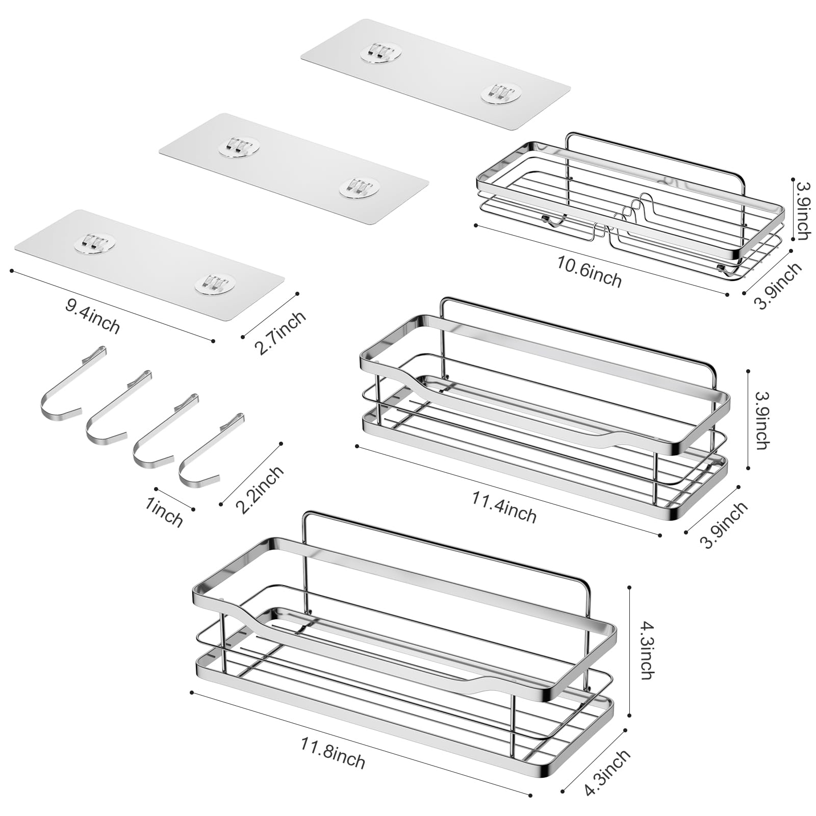 Stusgo Adhesive Shower Caddy Wall Mount - No Drill Bathroom Storage Shelf with 4 Hooks & Double Soap Dish Holder, SUS304 Stainless Steel (3 Pack) - Perfect for Small Bathrooms, Apartments & Dorm Showers