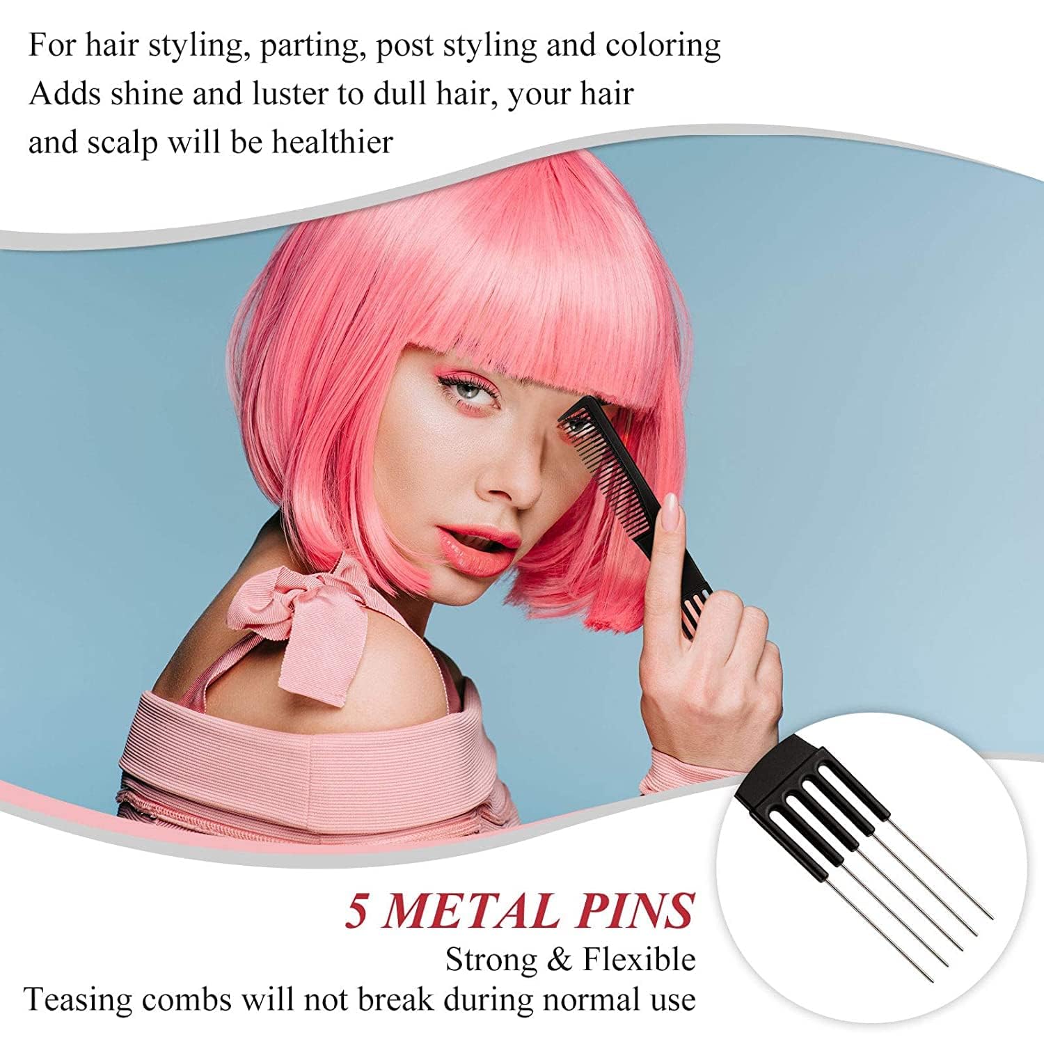 ZAUKY Anti Static Heat Resistant Carbon Fiber Metal Prong Hair Comb - 2 Pack for Styling, Detangling & Salon Use at Home or Professional
