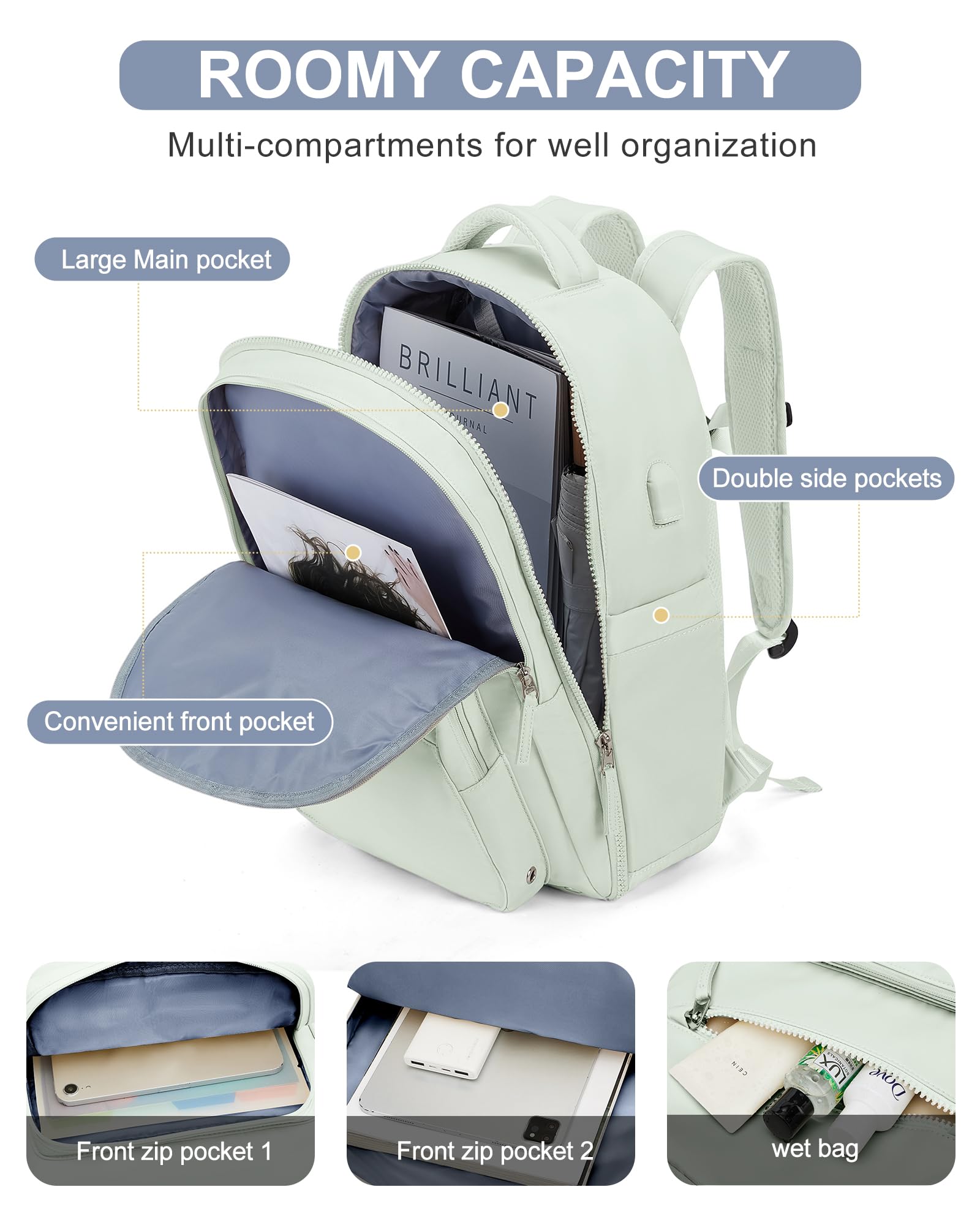 Stylish Mint Green Travel Backpack - Airline Approved, USB Charging for Work & College