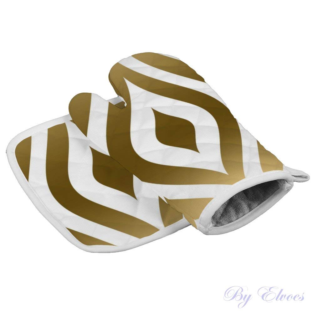 Heat Resistant Oven Mitts and Pot Holders Set - 2-Piece Gold on White Quatrefoil Geometric Pattern Non-Slip Kitchen Gloves for Cooking, Baking, Grilling & Microwave Use - Perfect for Home Chefs and Holiday Cooking