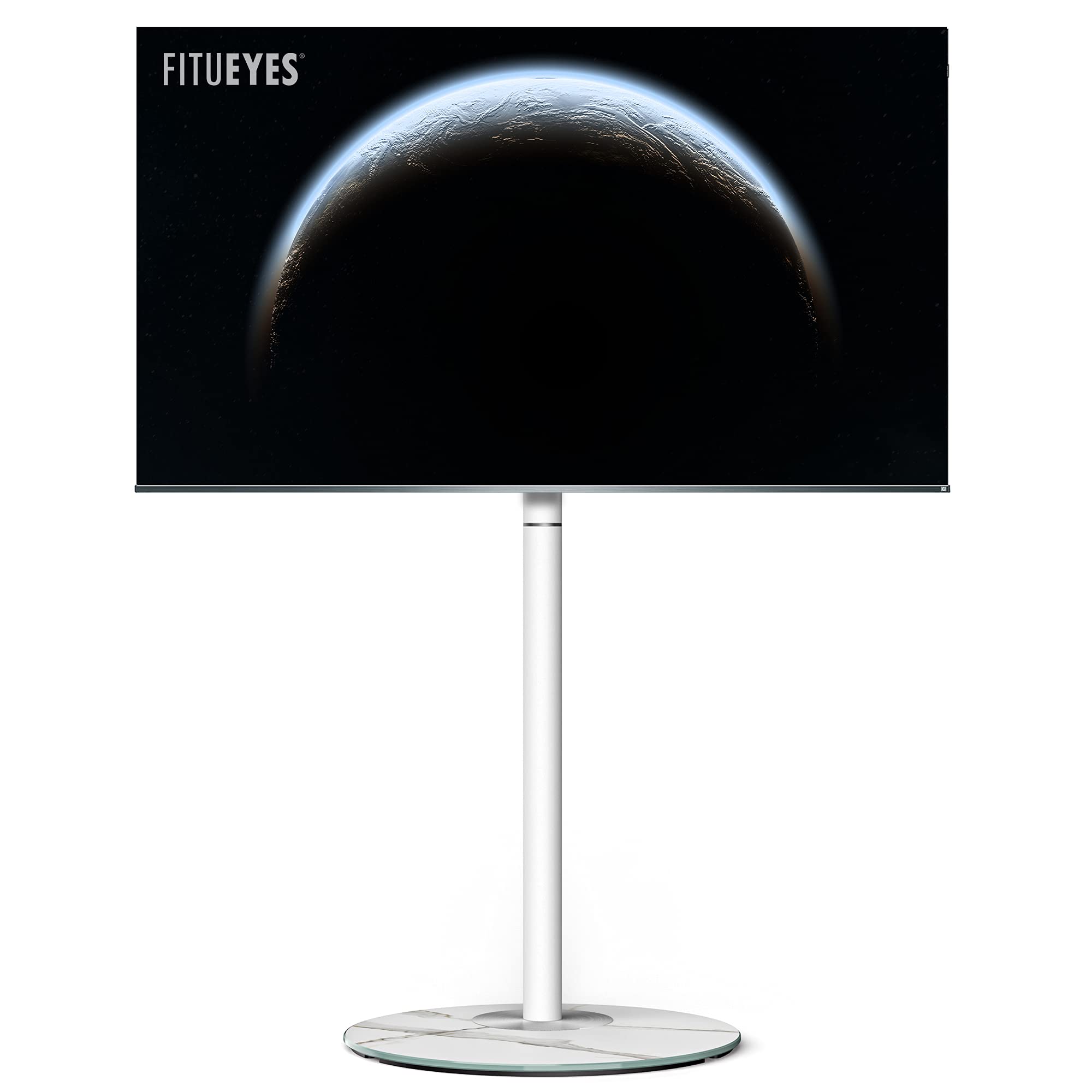 FITUEYES Mid Century Modern TV Stand for 37-65 Inch TVs - White Corner TV Unit with Marble Textured Glass Base & Hidden Storage - Metal TV Console for Living Room Decor - Perfect for Small Spaces & Apartment Entertainment Centers