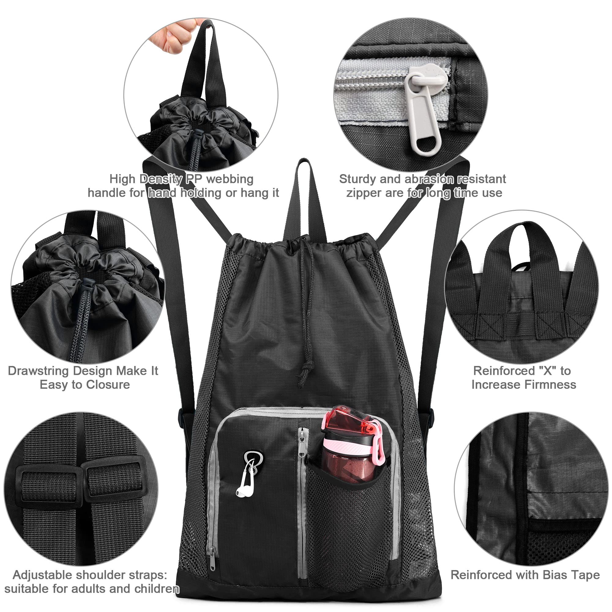 BeeGreen Small Drawstring Backpack - Lightweight Sports Gym Bag for Men & Women - Perfect for Workout, Swimming, Pool & Beach - Durable Dark Black Backpack for Active Lifestyles