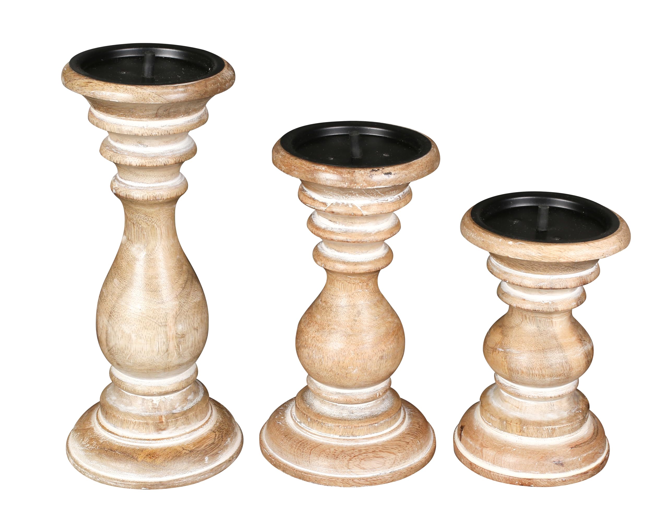 Rustic Whitewashed Wooden Candle Holder Set of 3 - Farmhouse Style Tall Pillar Candle Holders (10