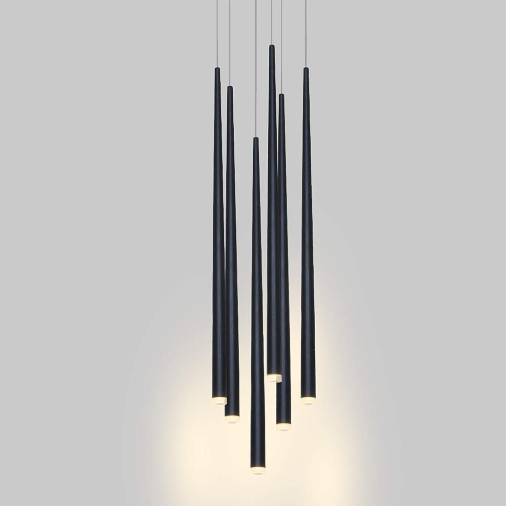 6-Light LED Pendant Lighting Fixture - Modern Adjustable Long Tube Hanging Lamp with Warm White 3000K (18W) - Black for Living Room, Dining Room, Stairwell - Perfect for Kitchen Island, Bar Counter, and Entryway Lighting
