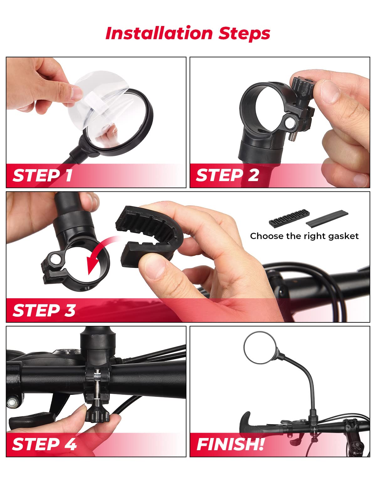 KEMIMOTO 360° Adjustable Bike Mirrors - Universal Handlebar Mount for E-Bike, Road Bike, Mountain Bike & Scooter - 2 Pack Acrylic Convex Safety Mirrors with Long Extension | Perfect for Commuting, Off-Roading & Urban Riding