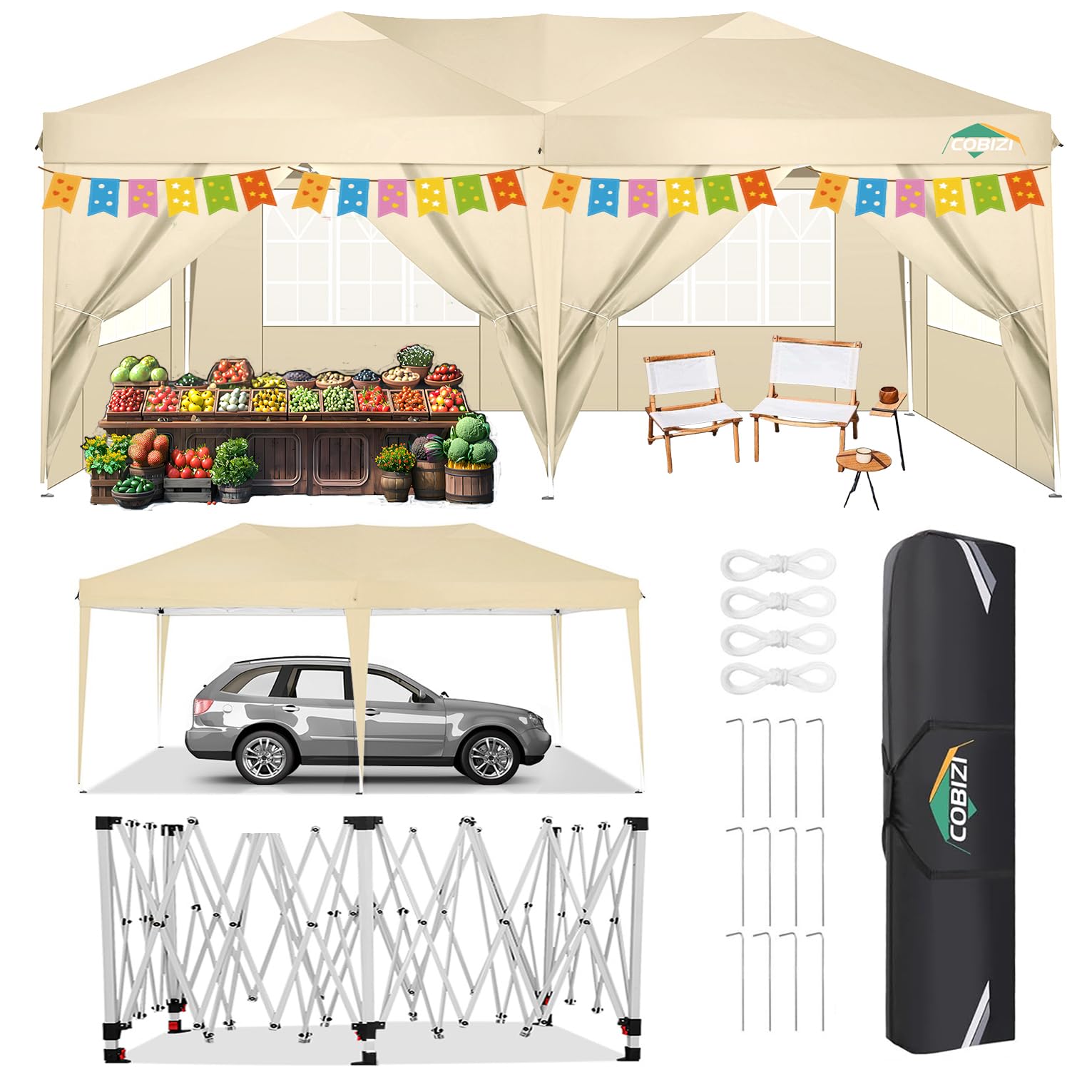 COBIZI 10x20 Pop Up Canopy Tent with 6 Sidewalls - Waterproof Outdoor Event Shelter, Instant Gazebo Sun Shade for Parties, Beach, Camping & Commercial Use | Portable 10'x20' Khaki Canopy for Backyard, Tailgating & Farmers Markets