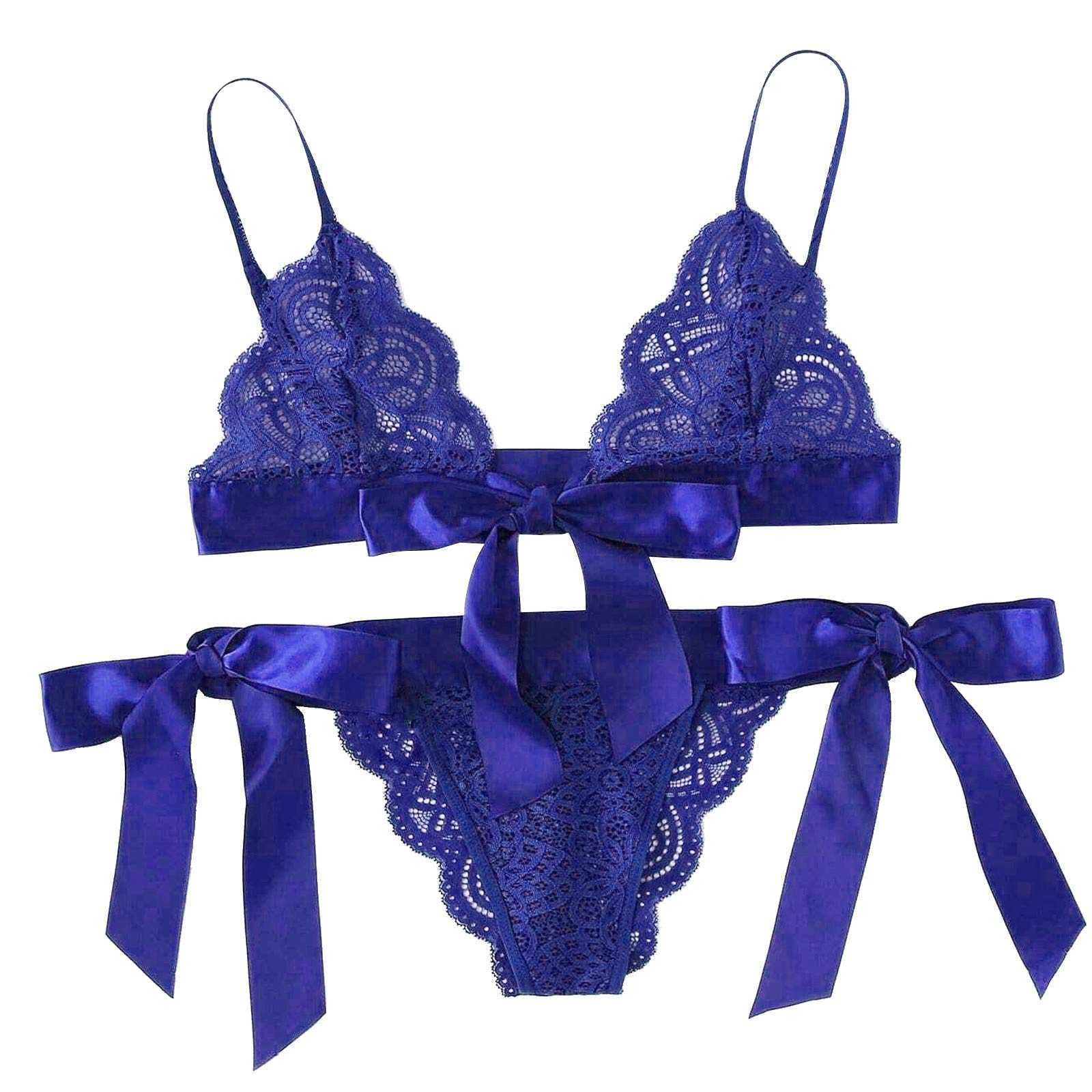 Sexy Lace Lingerie Set for Women - Scalloped Trim Tie Side Bra & Panty with Bow Detail, Blue Babydoll Sleepwear Bustier | Perfect for Valentine's Day, Bridal Shower & Romantic Nights