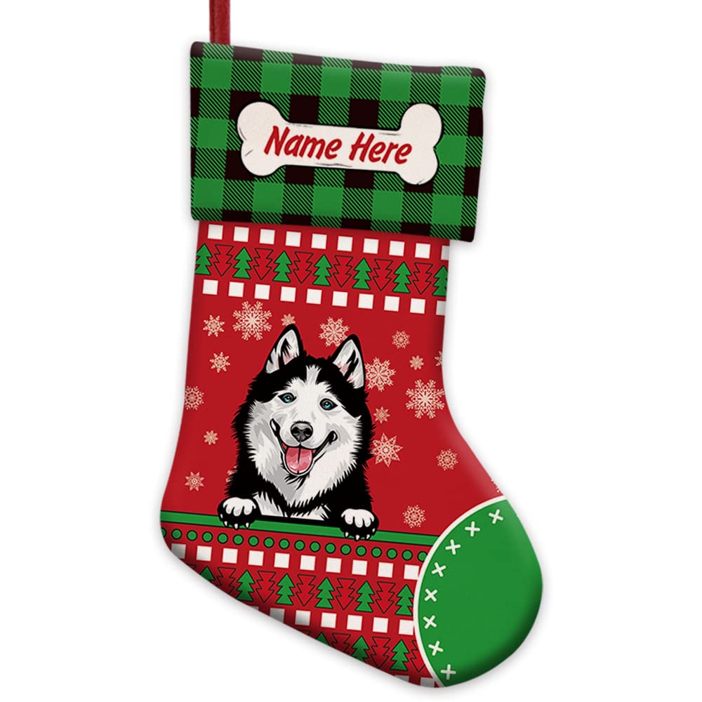 Personalized Merry Christmas Stockings - Red Husky Dog Design with Buffalo Plaid & Snowflake Pattern - 14.4 Inch Holiday Decor for Fireplace, Gifts, and Festive Home Decor