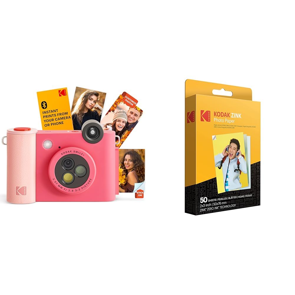 KODAK Smile+ 2-in-1 Digital Instant Print Camera & Wireless Bluetooth Photo Printer Bundle with 50 Sheets KODAK 2