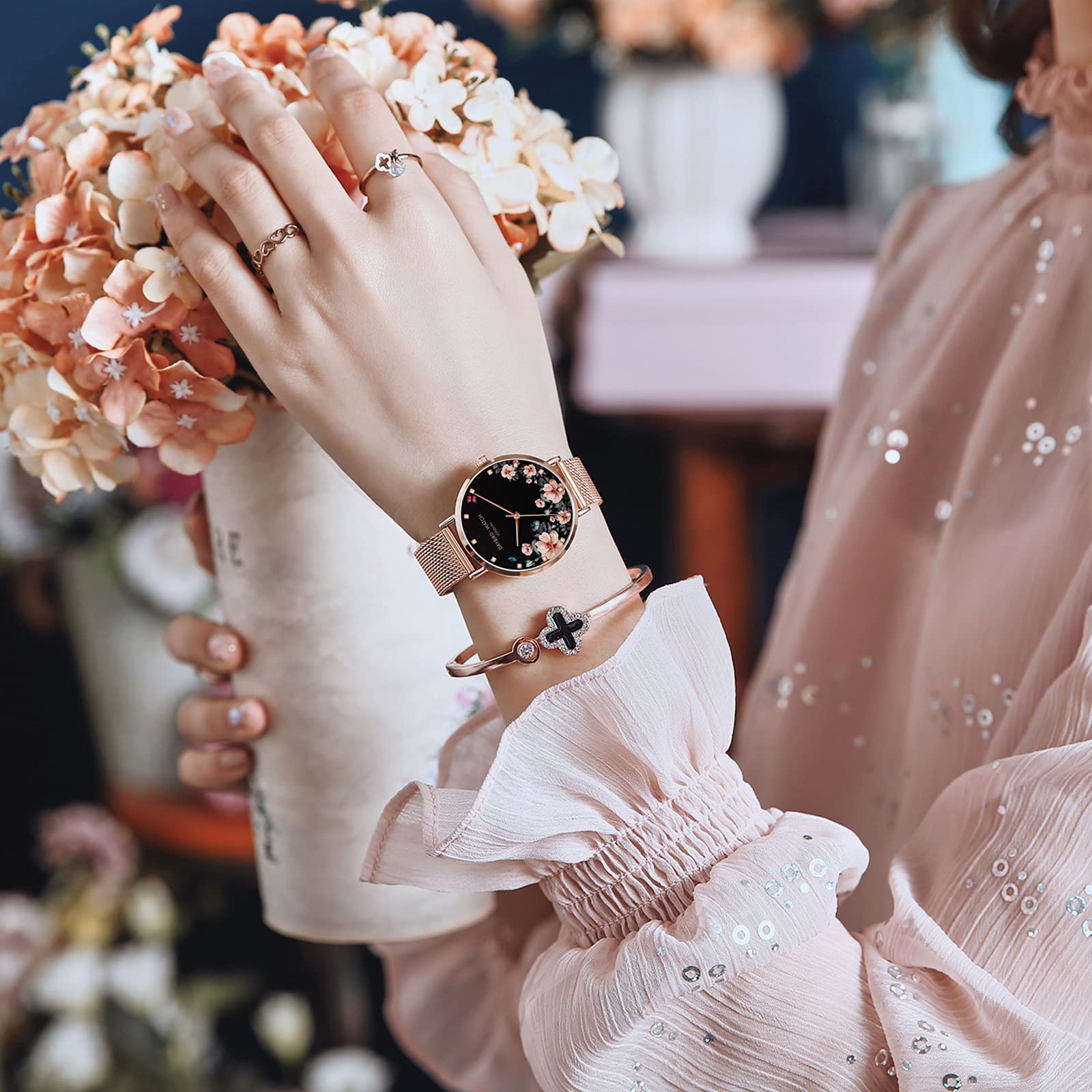 RORIOS Women's Watches with Flower Dial - Stainless Steel Mesh Strap Analog Quartz Wristwatch for Ladies - Perfect for Everyday Wear, Office, and Special Occasions