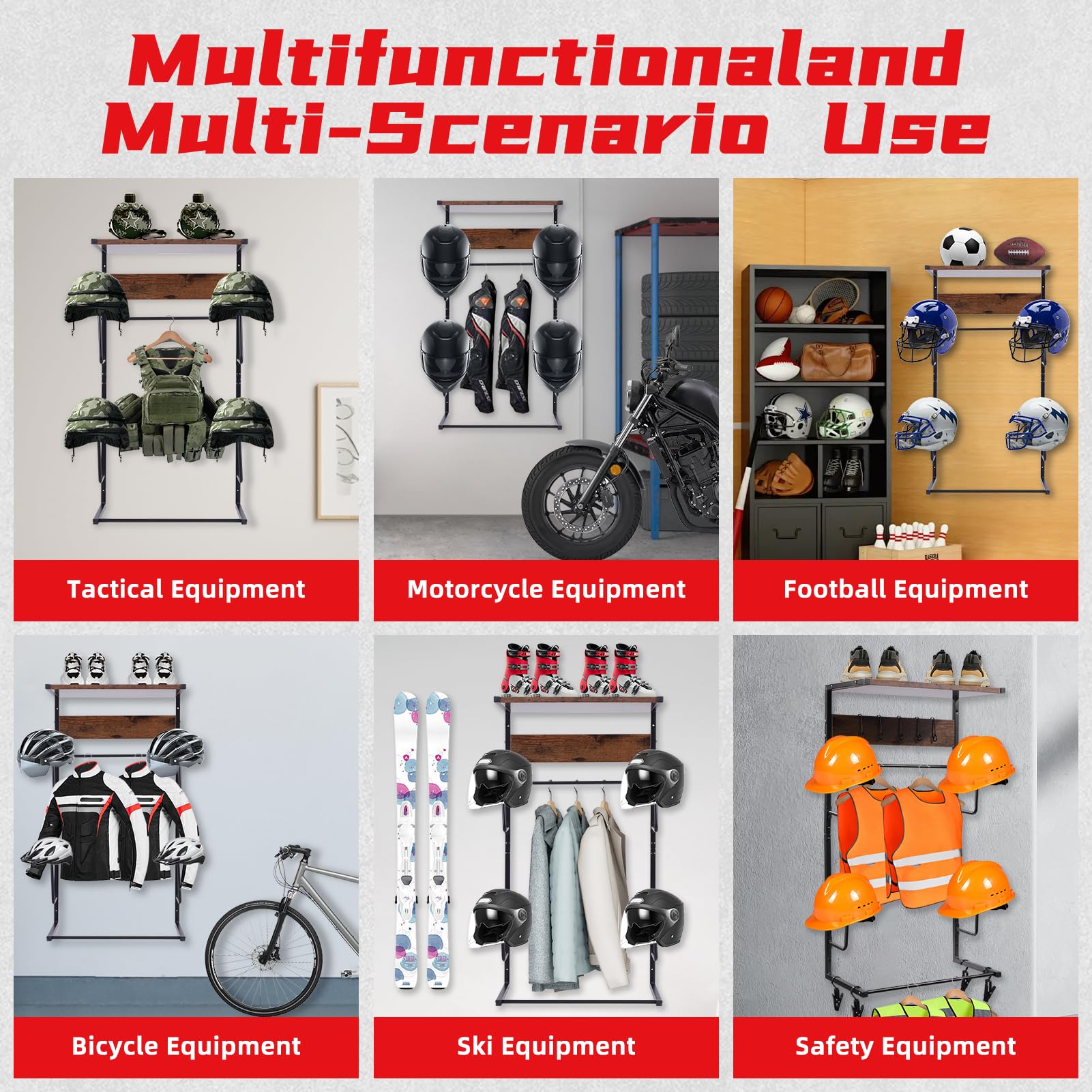 Motorcycle Helmet Wall Mount with Rack & Hooks - Garage Storage Solution