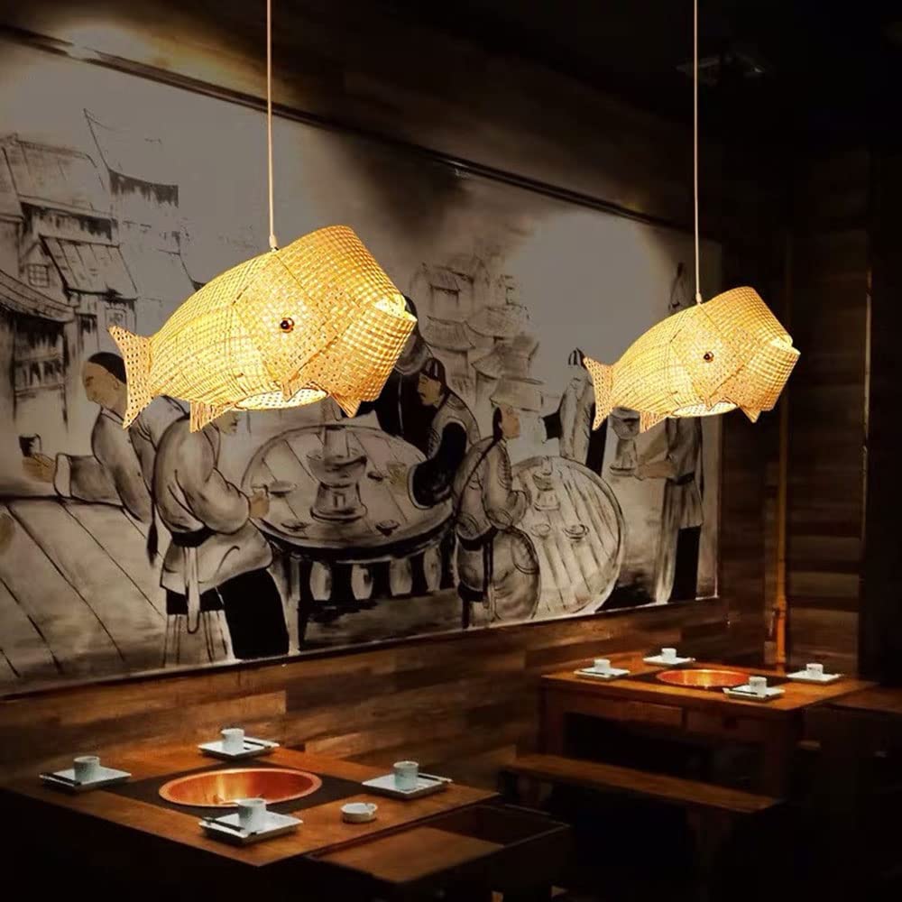 Bohemian Wicker Pendant Light - Tropical Bamboo Chandelier for Cafe, Bar & Restaurant - Industrial Ceiling Lighting Fixture with Woven Lampshade - Perfect for Coffee Shops, Tea Rooms & Bedroom Decor