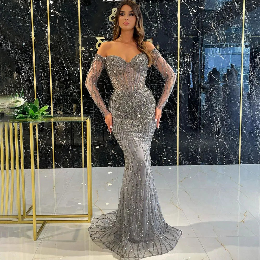 Elegant Grey Mermaid Evening Dress with Beaded Spaghetti Straps for Women - 2025 Luxury Wedding & Party Gown | Perfect for Prom, Cocktail Events & Formal Occasions