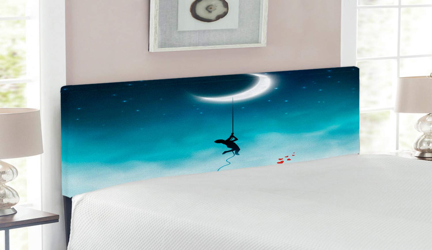 Ambesonne Fantasy Upholstered Headboard - Queen Size Teal & White, Memory Foam Decorative Metal Bed Headboard with Romantic Moon Climbing Boy & Bench Sitting Girl Art - Perfect for Bedroom Decor, Kids Room, and Fantasy Themed Spaces
