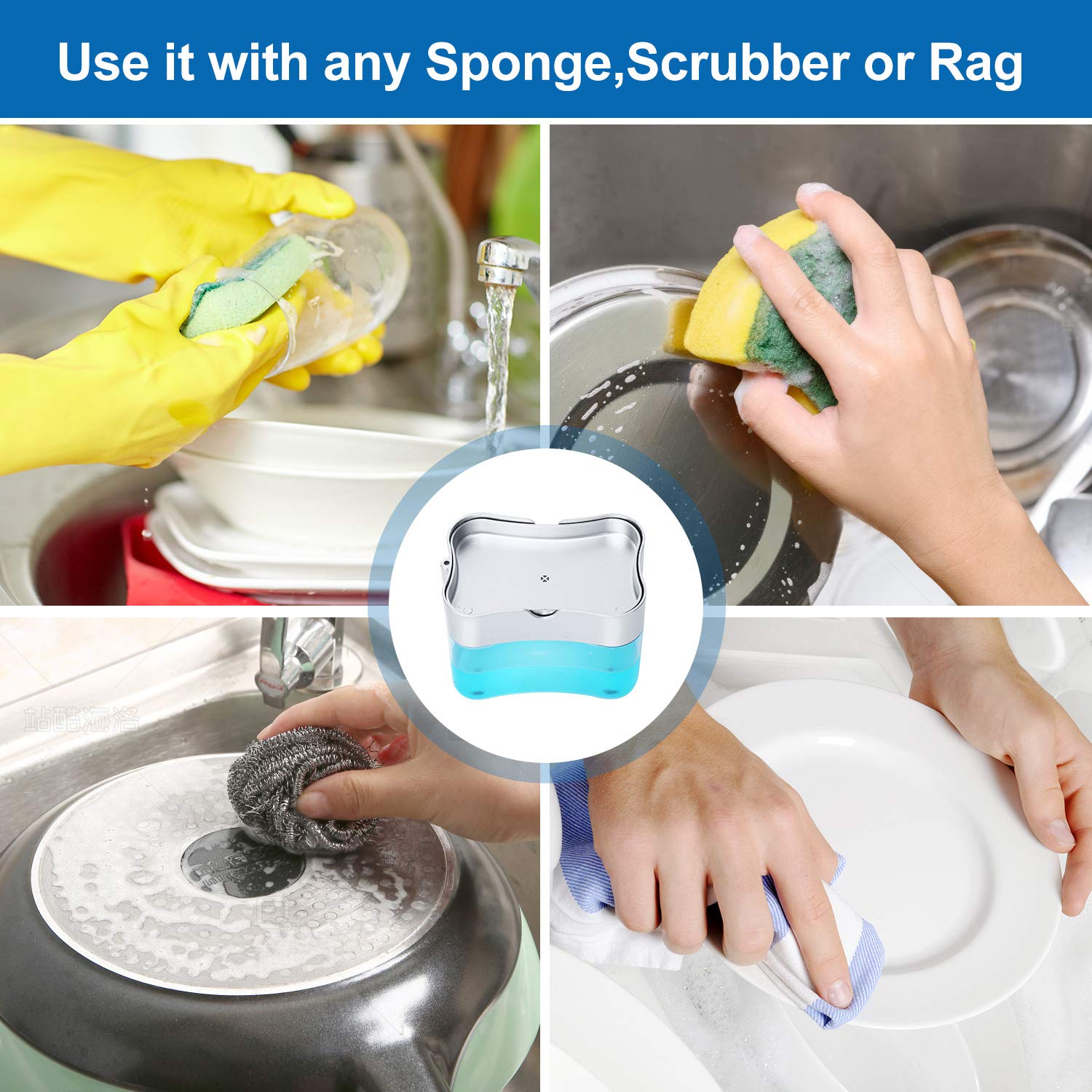 Premium 13oz Soap Dispenser for Kitchen Countertop & Sink - Automatic Dish Soap Dispenser with Sponge Holder - Touchless Hand Soap Dispenser for Home, Restaurant & Office Use