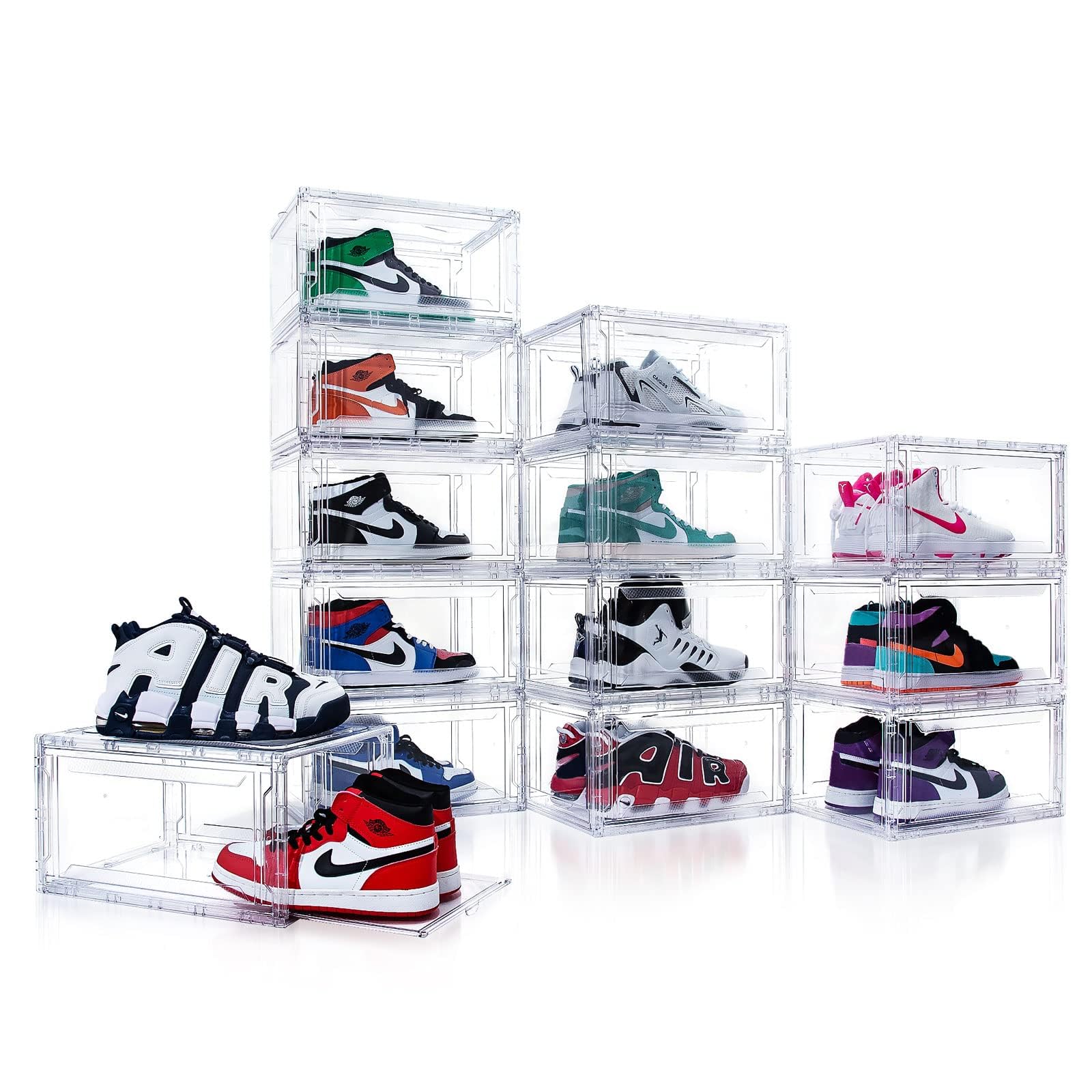 12 Pack Clear Acrylic Shoe Storage Boxes - Drop Front Stackable Sneaker Organizer for Size 15 | Perfect for Closet Organization, Sneaker Collection Display & Shoe Rack Storage