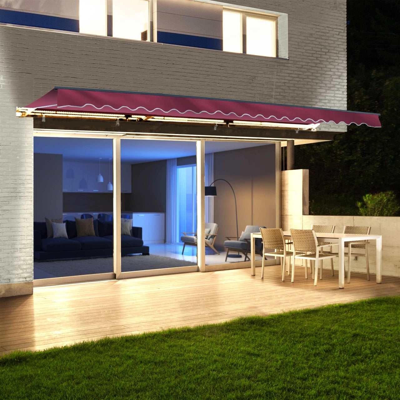 ALEKO 10x8 Feet Half Cassette Motorized Retractable LED Patio Awning - Burgundy Luxury Outdoor Shade for Deck, Garden & Backyard