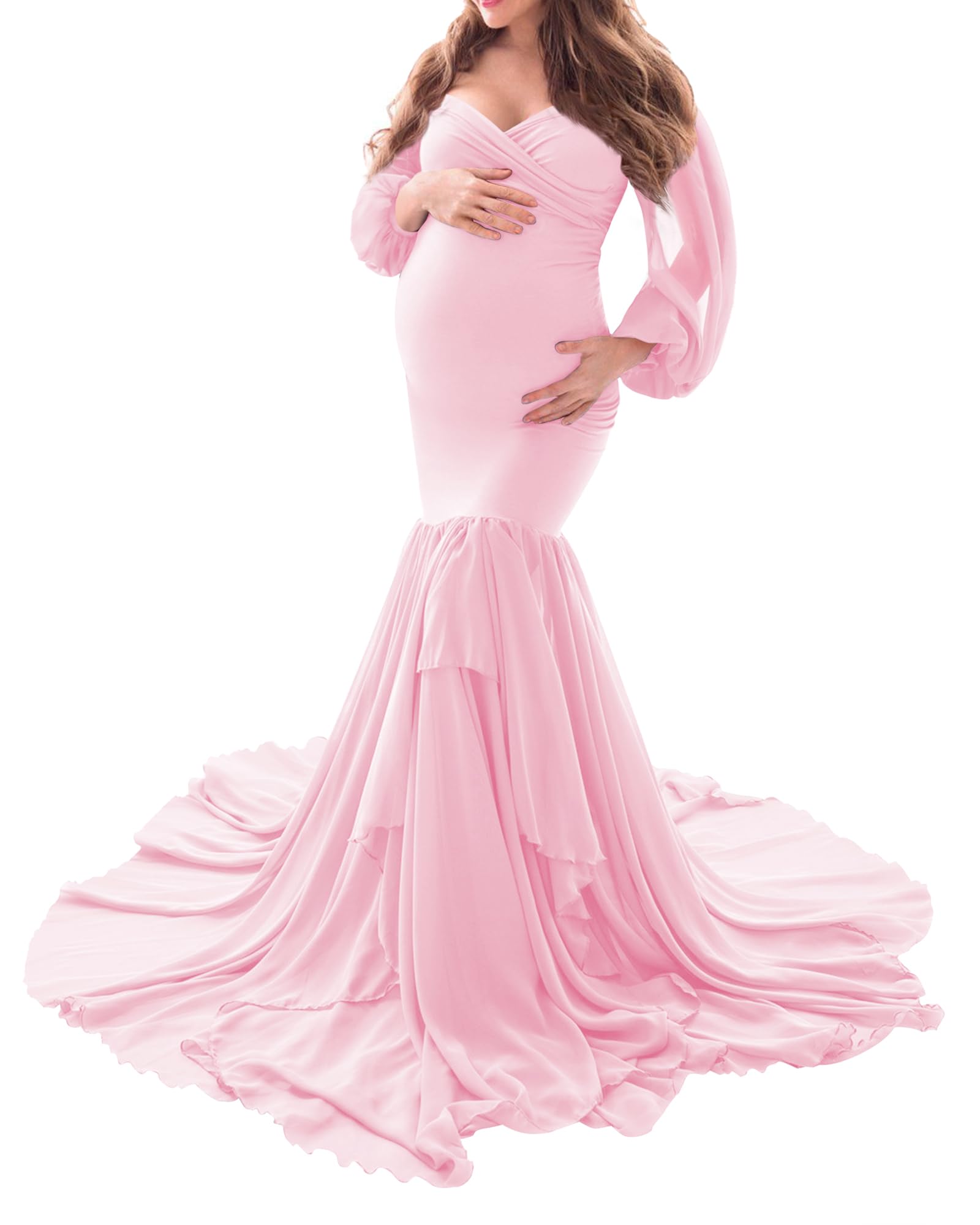 Saslax Elegant Long Chiffon Sleeve Mermaid Maternity Dress for Photoshoot, Baby Shower, Pregnancy Photos, and Special Occasions - Comfortable & Stylish Maternity Gown for Expecting Mothers