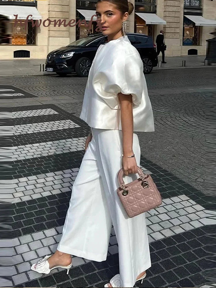 Elegant Satin Ruffle Blouse for Women - Lantern Short Sleeve Loose Fit O-Neck Top | Spring Summer Fashion Streetwear | Perfect for Office, Date Night & Casual Outings