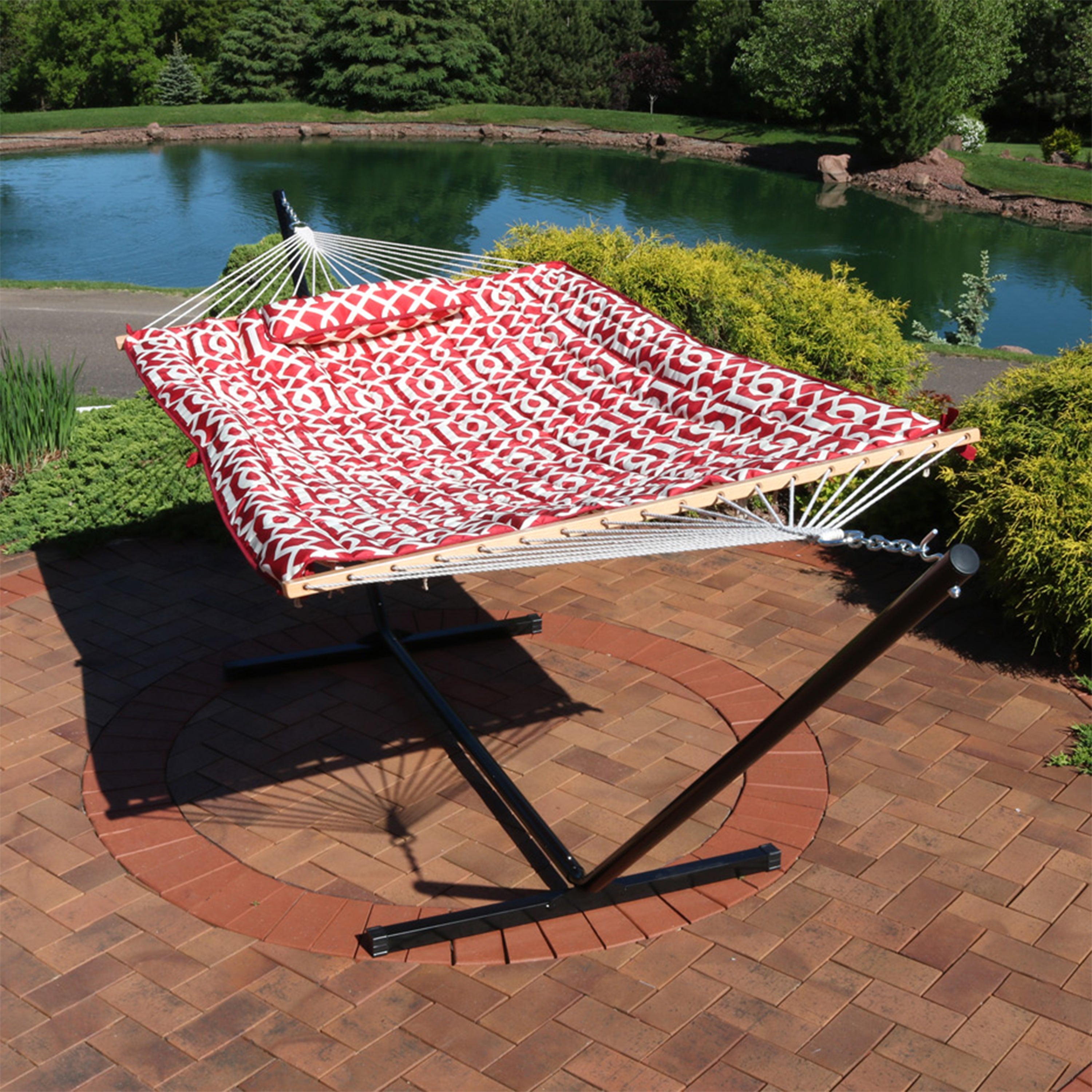Premium Sunnydaze Rope Hammock with 12-Foot Steel Stand, Comfortable Pad & Pillow - Perfect for Backyard Relaxation, Beach Lounging & Outdoor Camping