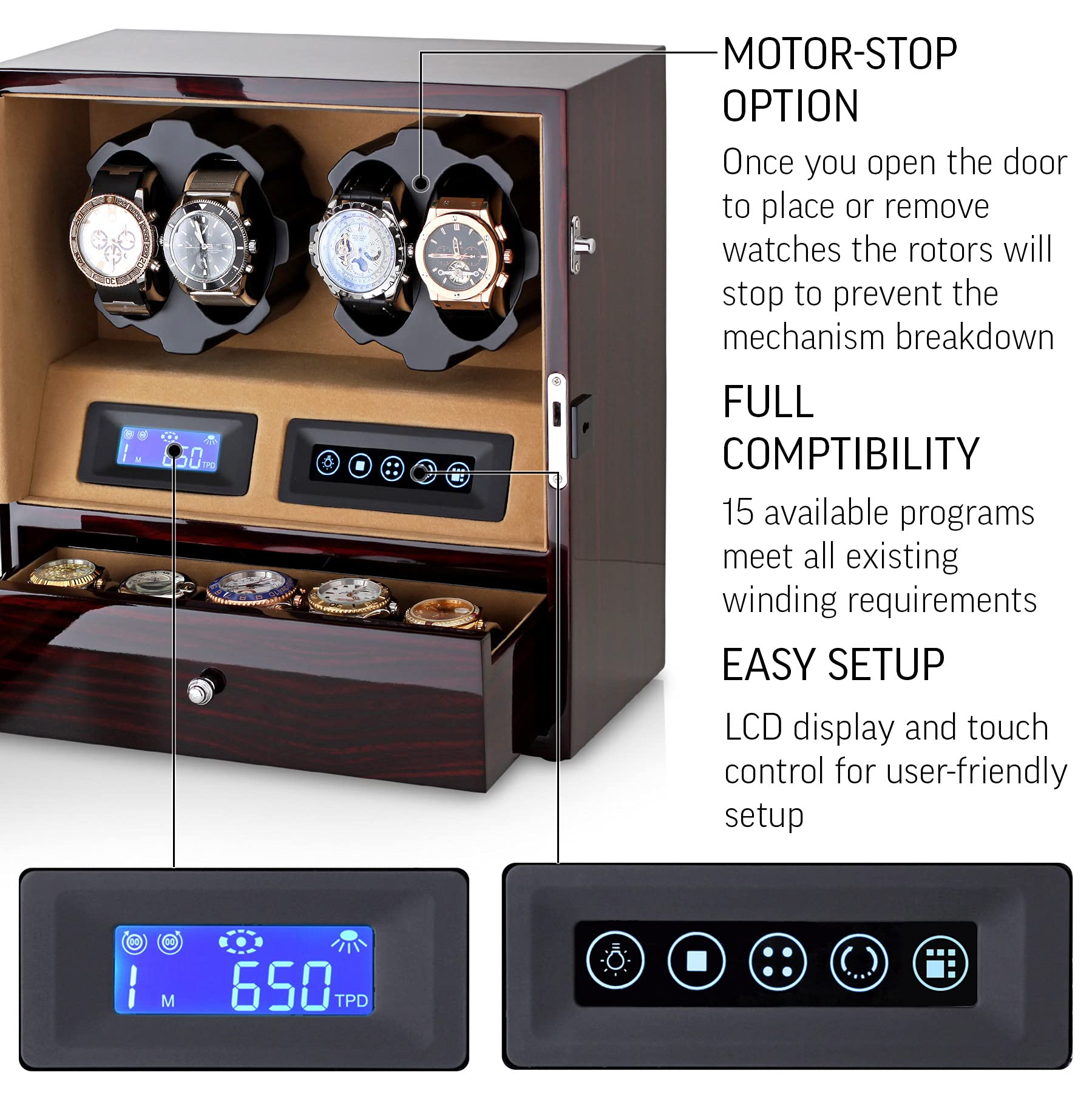 4 Watch Winder with 5 Watch Storage - Automatic Watch Winder Box with LCD Display, Touch Control & LED Light for Automatic Watches - Perfect for Watch Collectors & Luxury Timepiece Storage