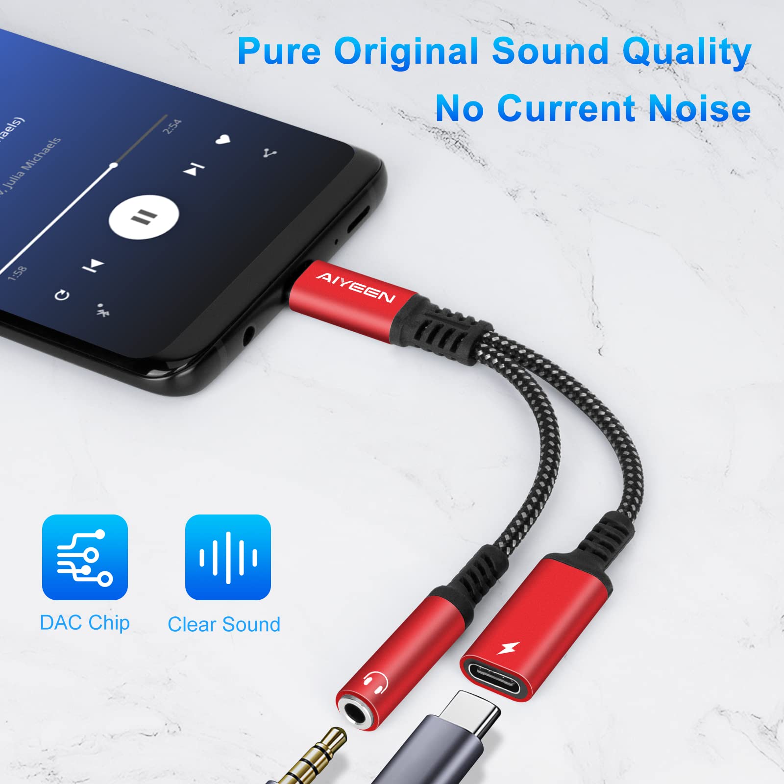 AIYEEN 2-in-1 USB C to 3.5mm Headphone & 60W PD 3.0 Fast Charger Adapter - USB-C Audio Jack & Quick Charge Dongle for Google Pixel, Samsung Galaxy (Red) - Perfect for Travel, Gaming & Charging On-The-Go