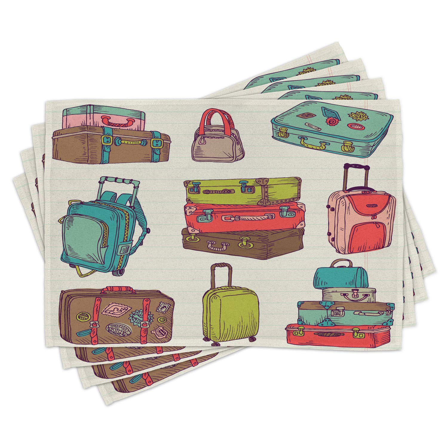 Ambesonne Vintage Travel-Themed Place Mats Set of 4 - Colorful Suitcase Design Washable Fabric Table Mats for Dining Room Decor, Standard Size (17