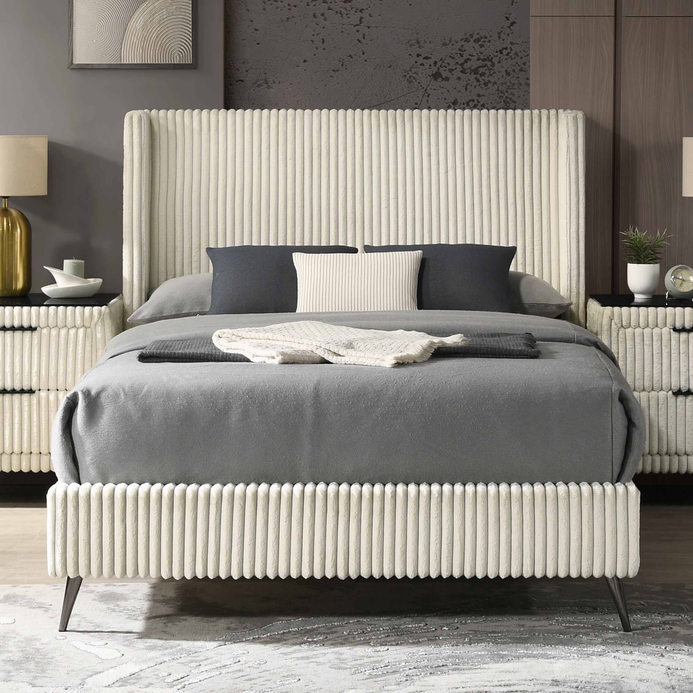 Roundhill Furniture Mavela Wide Wale Corduroy Upholstered Panel Bed in Cream - Queen Size Upholstered Bed Frame with Button Tufted Headboard for Cozy Bedroom Decor