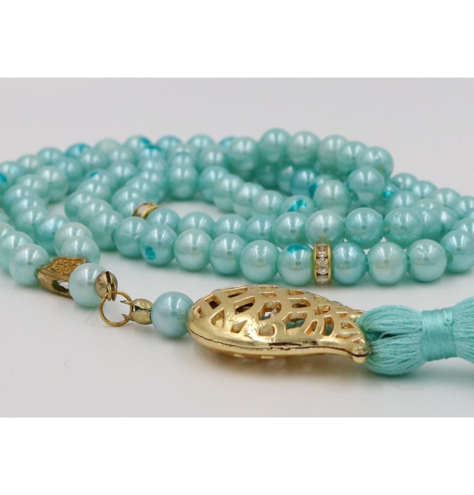 Premium Islamic Tesbih - 99 Count Acrylic Pearl Prayer Beads with Elegant Tulip Tassel in Turquoise | Perfect for Muslim Prayer, Meditation, Zikr & Spiritual Gifts