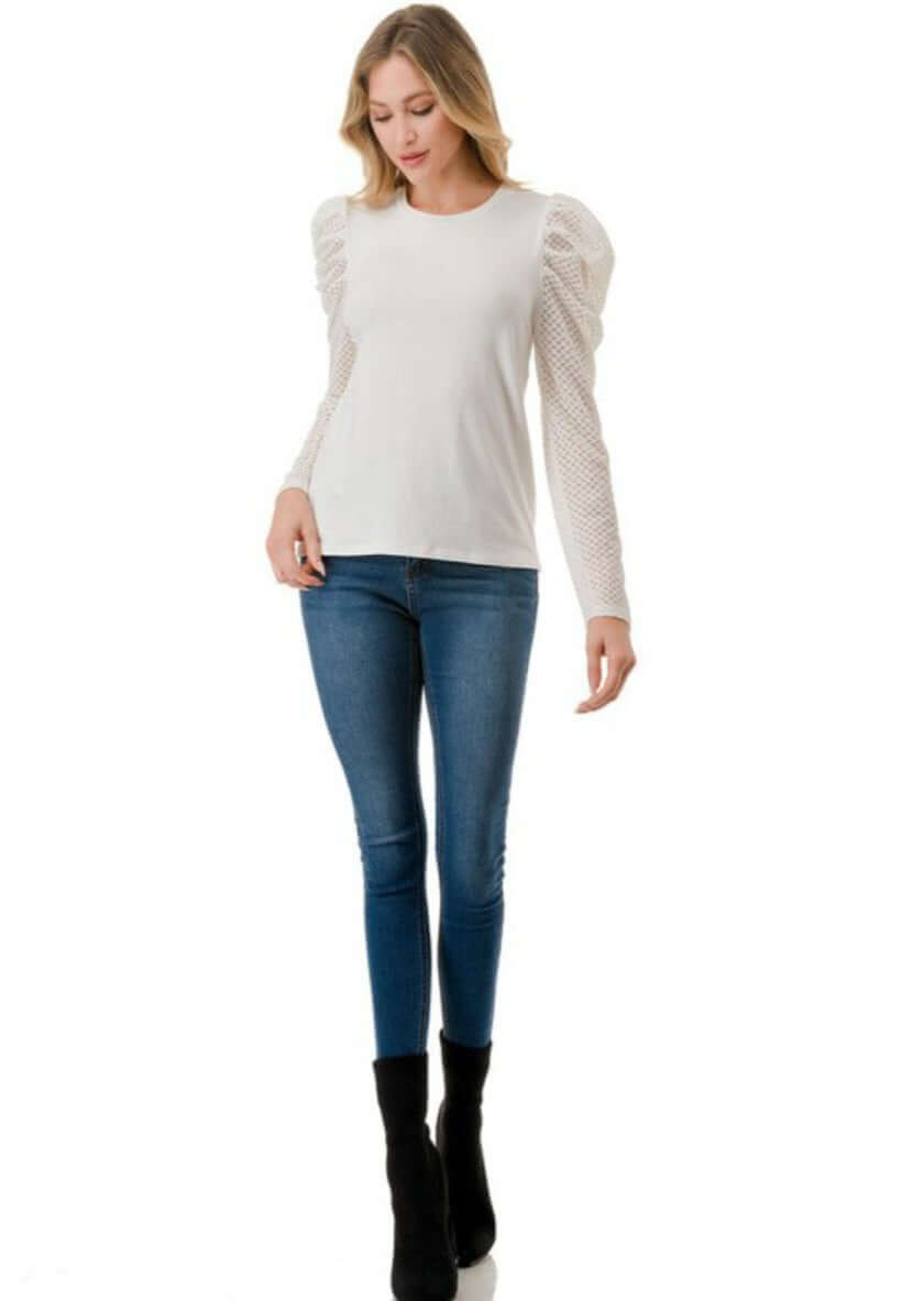 Ivory Lace Puff Sleeve Blouse - Elegant Women's Tops Made in USA - Perfect for Date Night & Special Occasions