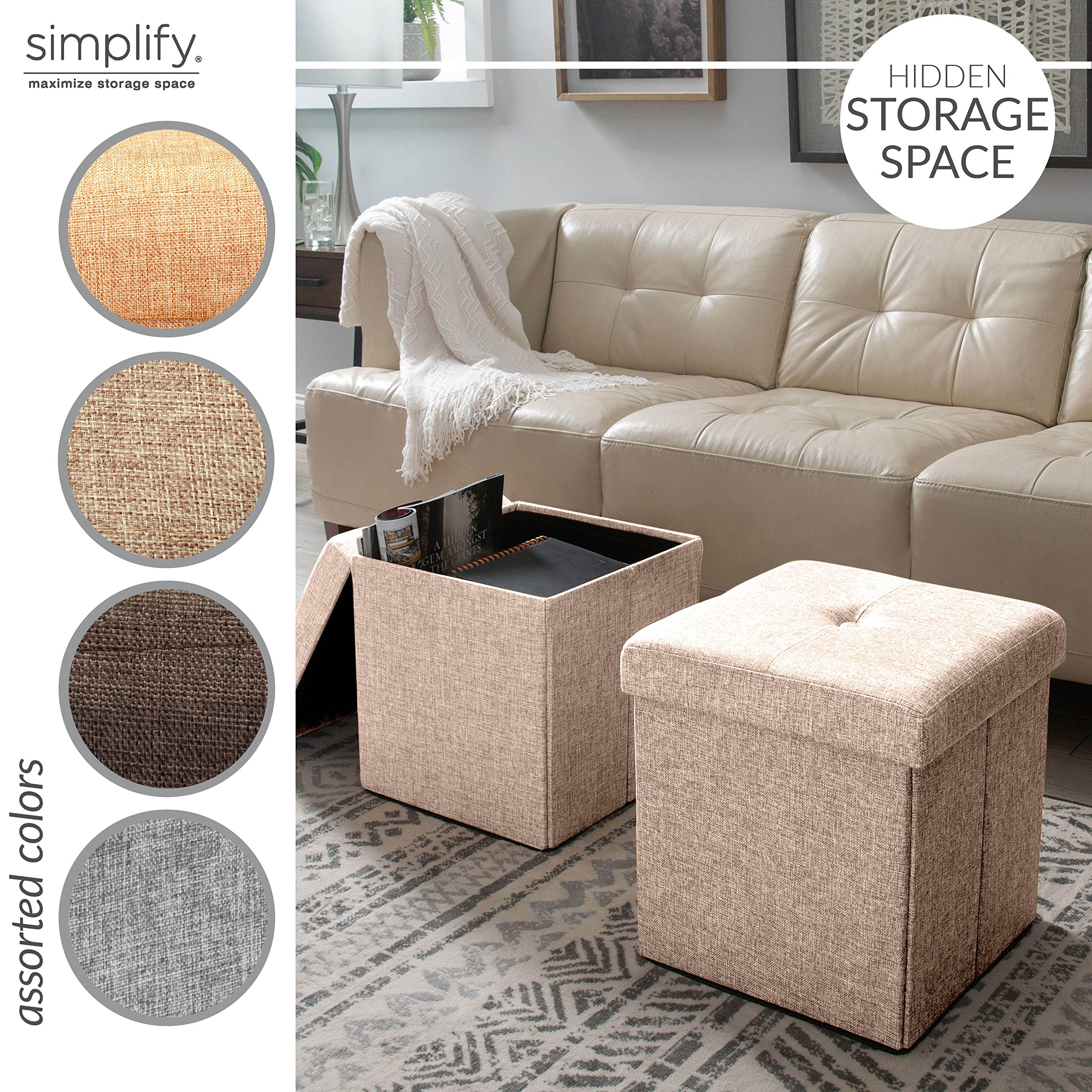 Collapsible Faux Linen Storage Ottoman Bench - Foldable Tufted Footrest with Padded Seat, Multi-Functional Toy Box & Home Organizer | Perfect for Living Room, Bedroom, Nursery & Small Space Storage Solutions