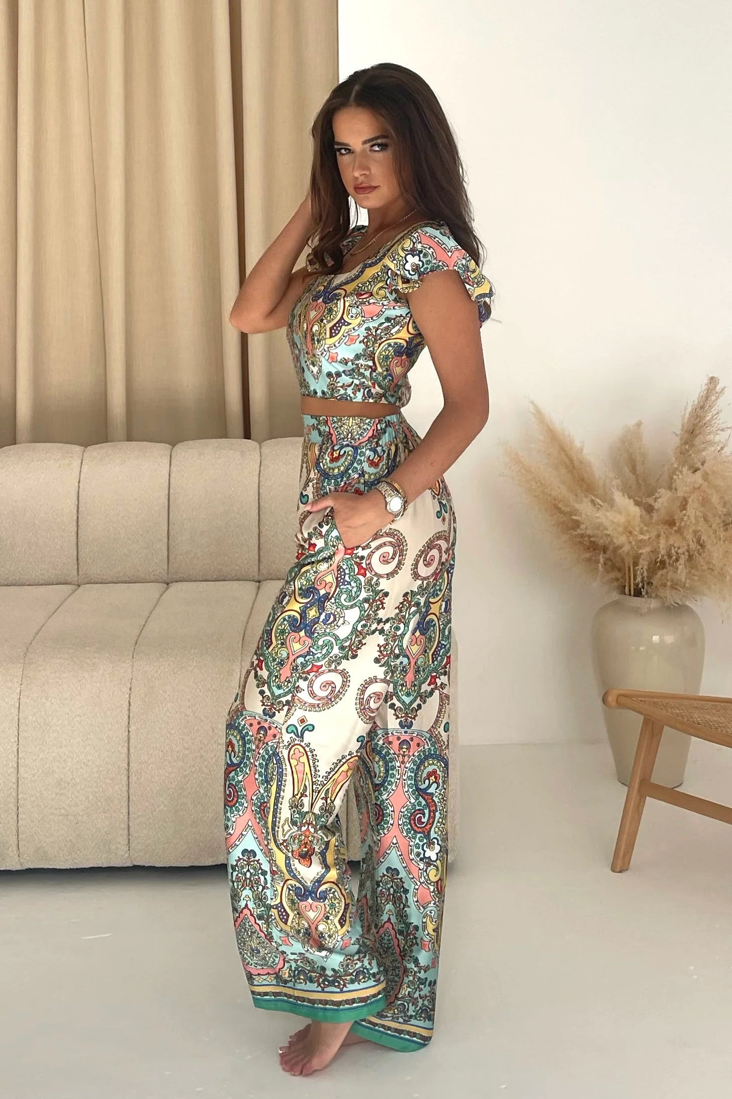Blossom Paisley Print Women's Casual Pants - Blue Bohemian Floral Trousers for Spring Summer Outfits, Travel & Beach Vacations