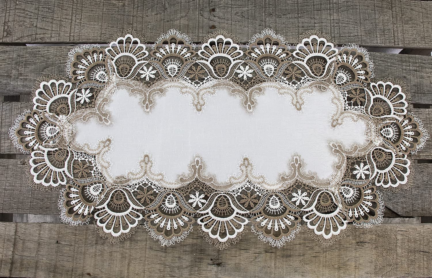 White Cocoa Earth Tones Jacquard Peacock Tail Lace Table Runner - Elegant Dresser Scarf & Coffee Table Decor (14x26 Inches) for Dining Room, Living Room & Wedding Decorations
