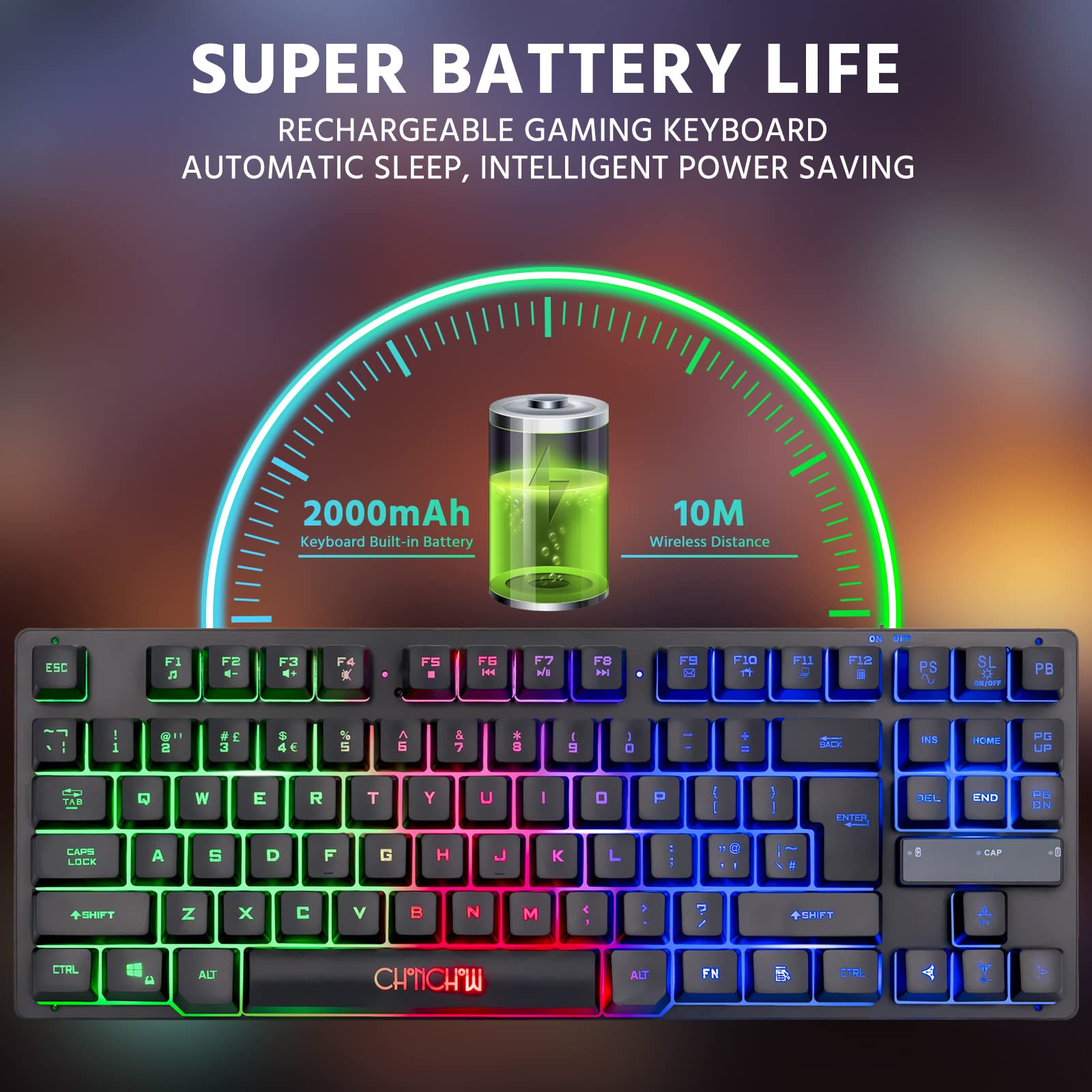 CHONCHOW 87-Key RGB Backlit Wireless Gaming Keyboard - Rechargeable LED Mechanical Keyboard for PC, PS4, PS5, Xbox One - Perfect for Gaming, Office Work & Late-Night Typing