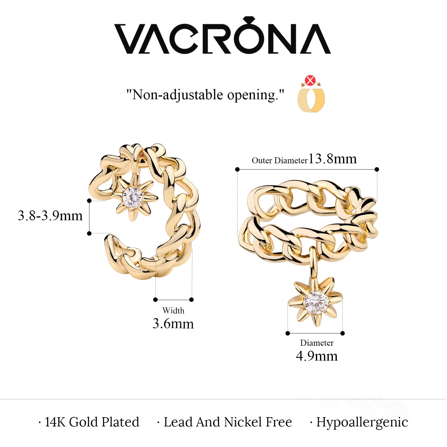 VACRONA 14K Gold Plated Cubic Zirconia Ear Cuff - Hypoallergenic Non-Pierced Helix Wrap Earrings for Women | Sparkling Round Cuff Ear Jewelry | Perfect Gift for Birthday, Anniversary & Special Occasions