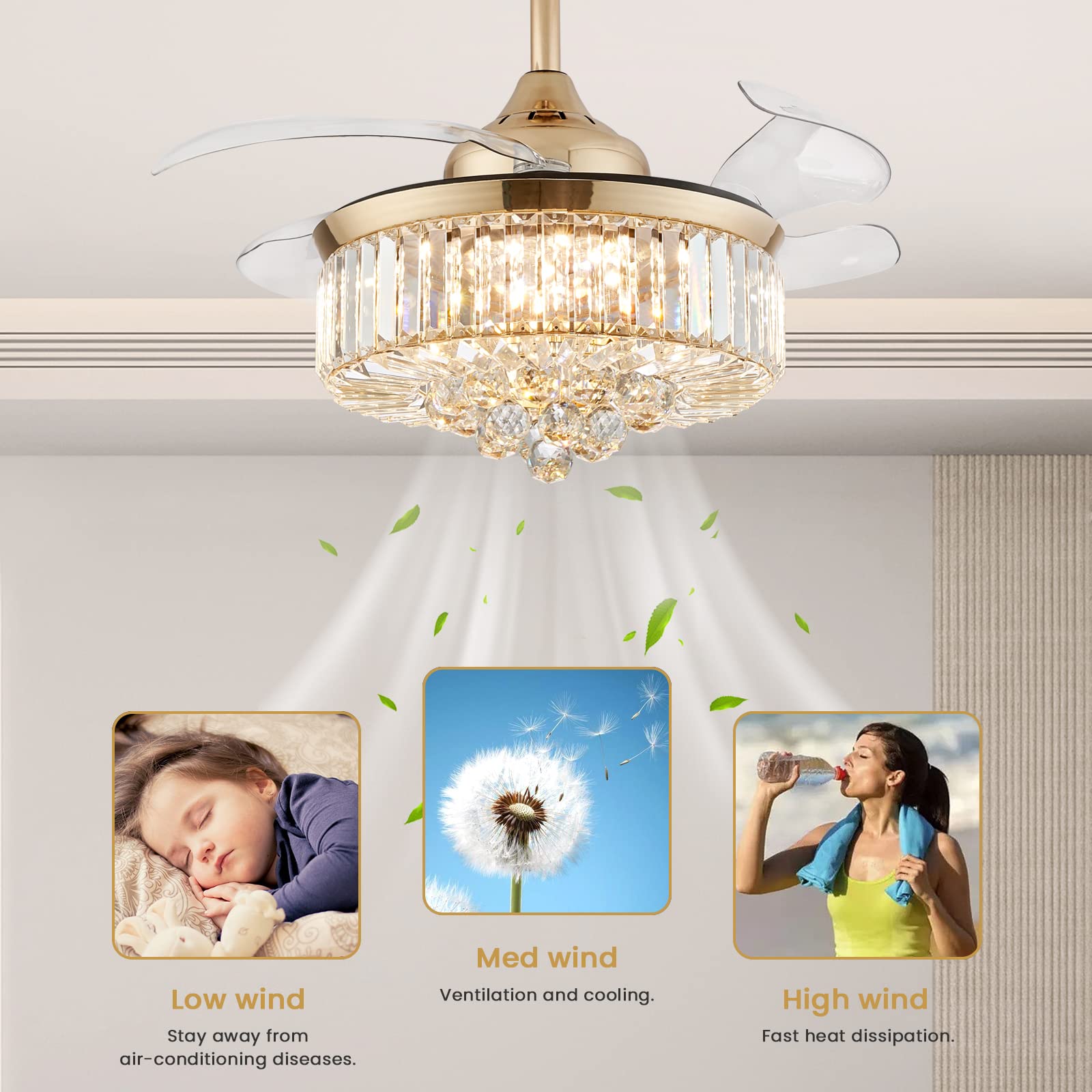Modern Crystal Ceiling Fan with LED Light - 36