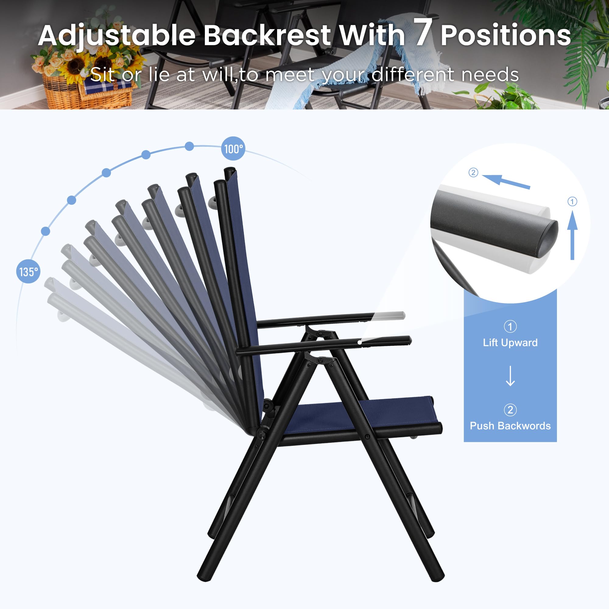 PHI VILLA 5-Piece Outdoor Dining Set with Umbrella - Metal Patio Table & Adjustable Folding Chairs in Blue - Perfect for Backyard, Garden, Lawn & Poolside Entertaining