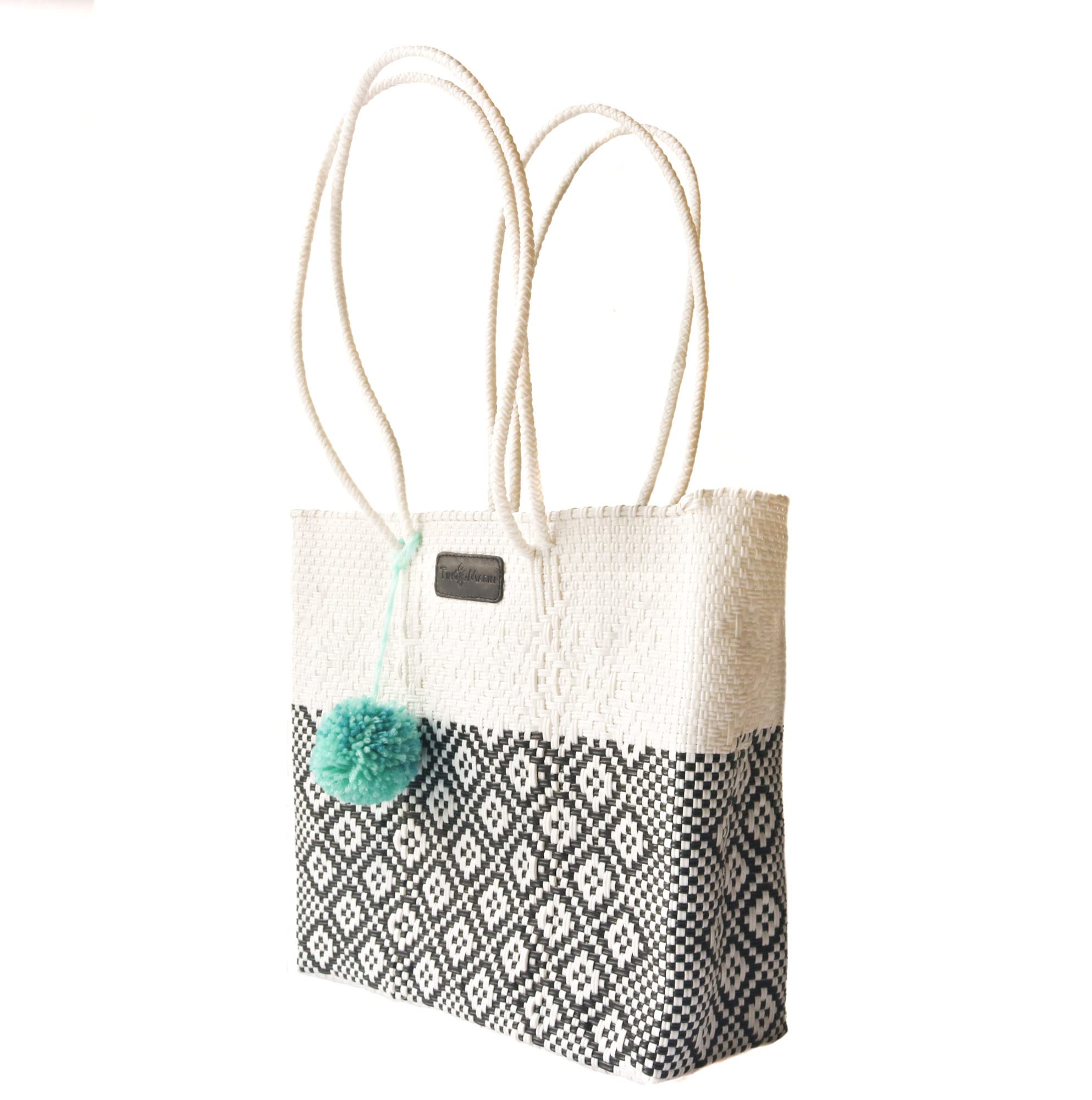 Stylish Tin Marin White Handwoven Plastic Tote Bag with Extra Long Handles - Mexican Woven Beach Bag for Summer, Travel & Shopping | Durable Leather Finishes for Daily Use