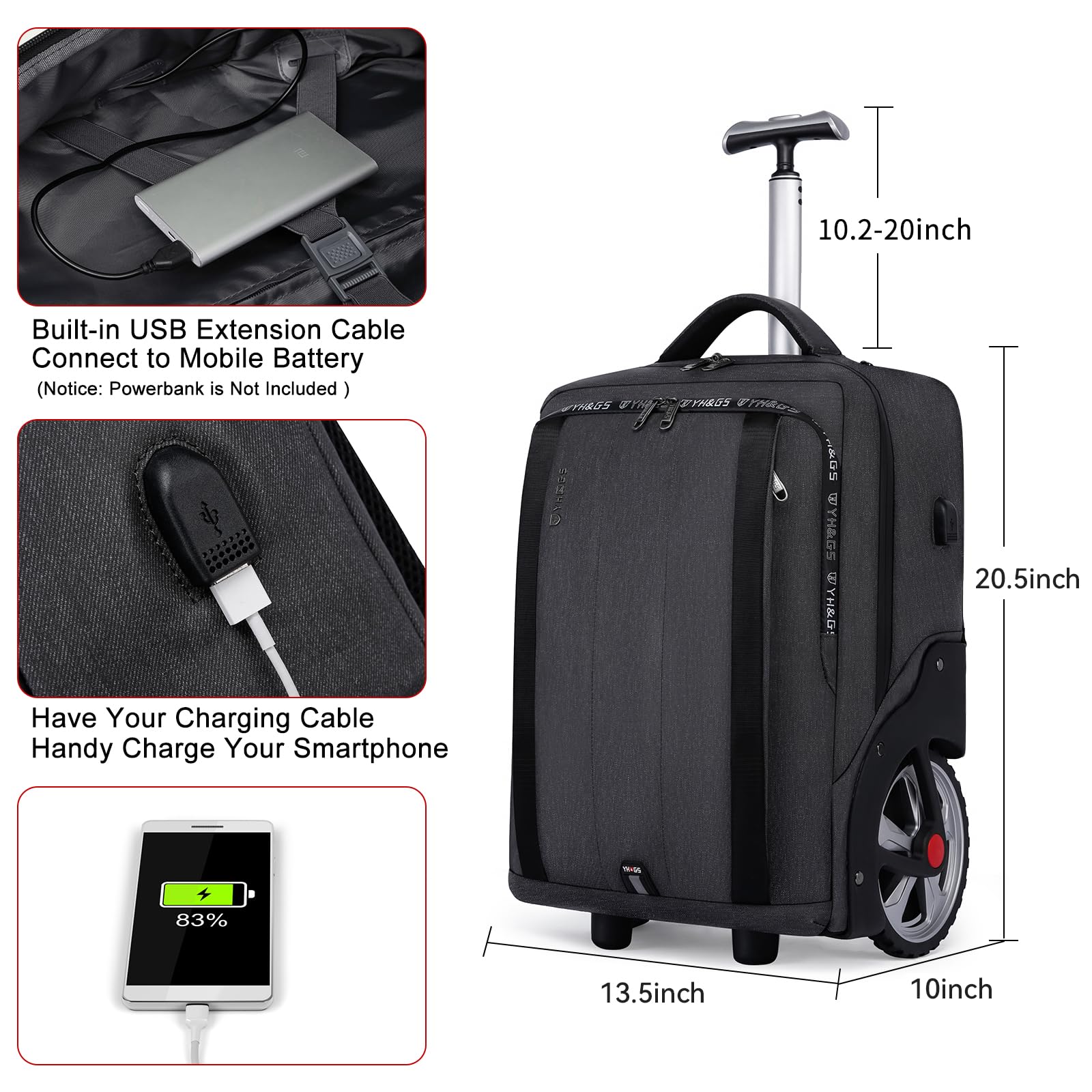 Rolling Backpack with Wheels - Travel & Work Laptop Backpack for Women & Men - 17.3 Inch Carry-On Luggage - Black | Perfect for Business Trips, Commuting & Air Travel