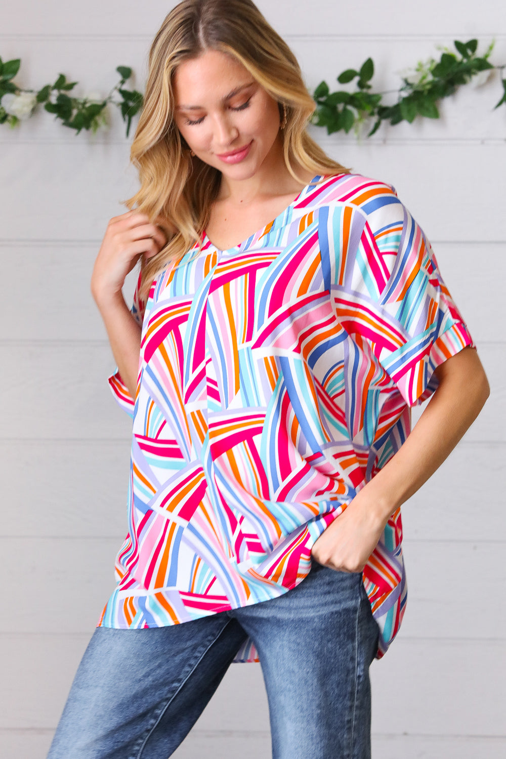 Stylish Blue & Fuchsia Geometric Print Woven Top for Women | Trendy Casual Blouse for Summer Outfits, Office Wear & Date Nights