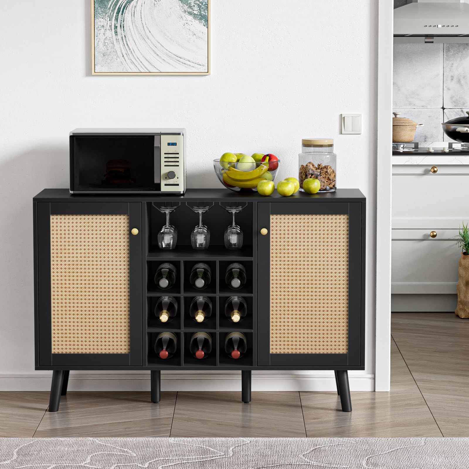 Giluta Kitchen Island - Farmhouse Style Coffee Bar Cabinet with Storage, Sideboard Buffet Cupboard for Dining Room & Kitchen, Black - Perfect for Small Spaces & Entertaining Guests