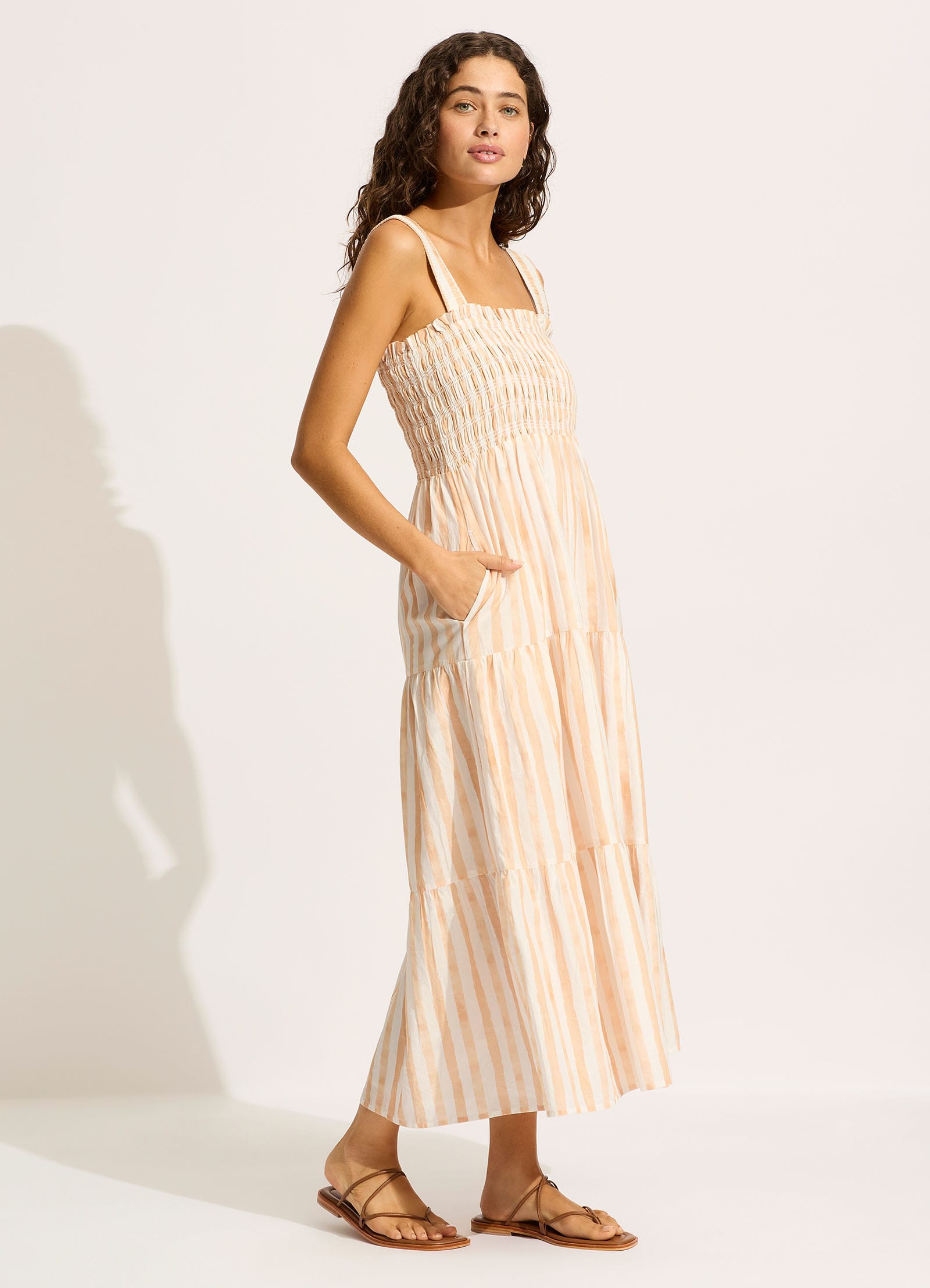 Elegant Shirred Midi Dress in Ecru - Perfect for Summer Outings, Beach Vacations & Casual Date Nights