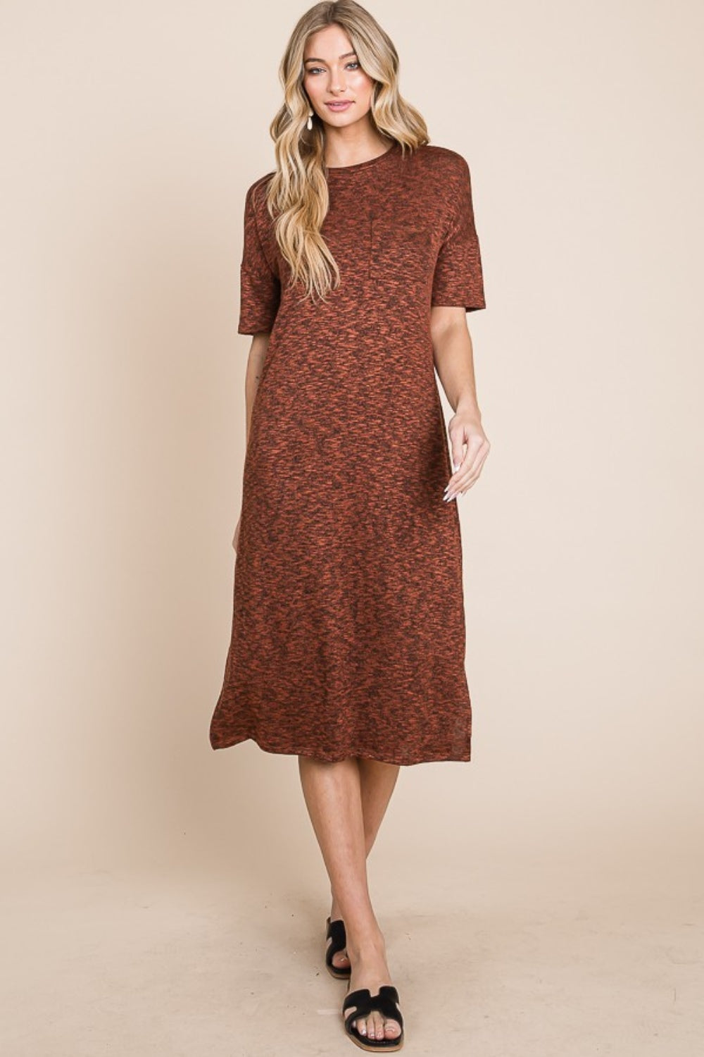 Elegant Round Neck Side Slit Midi Dress for Women - Flowy Summer Casual & Party Wear - Perfect for Beach, Date Night and Office Outfits