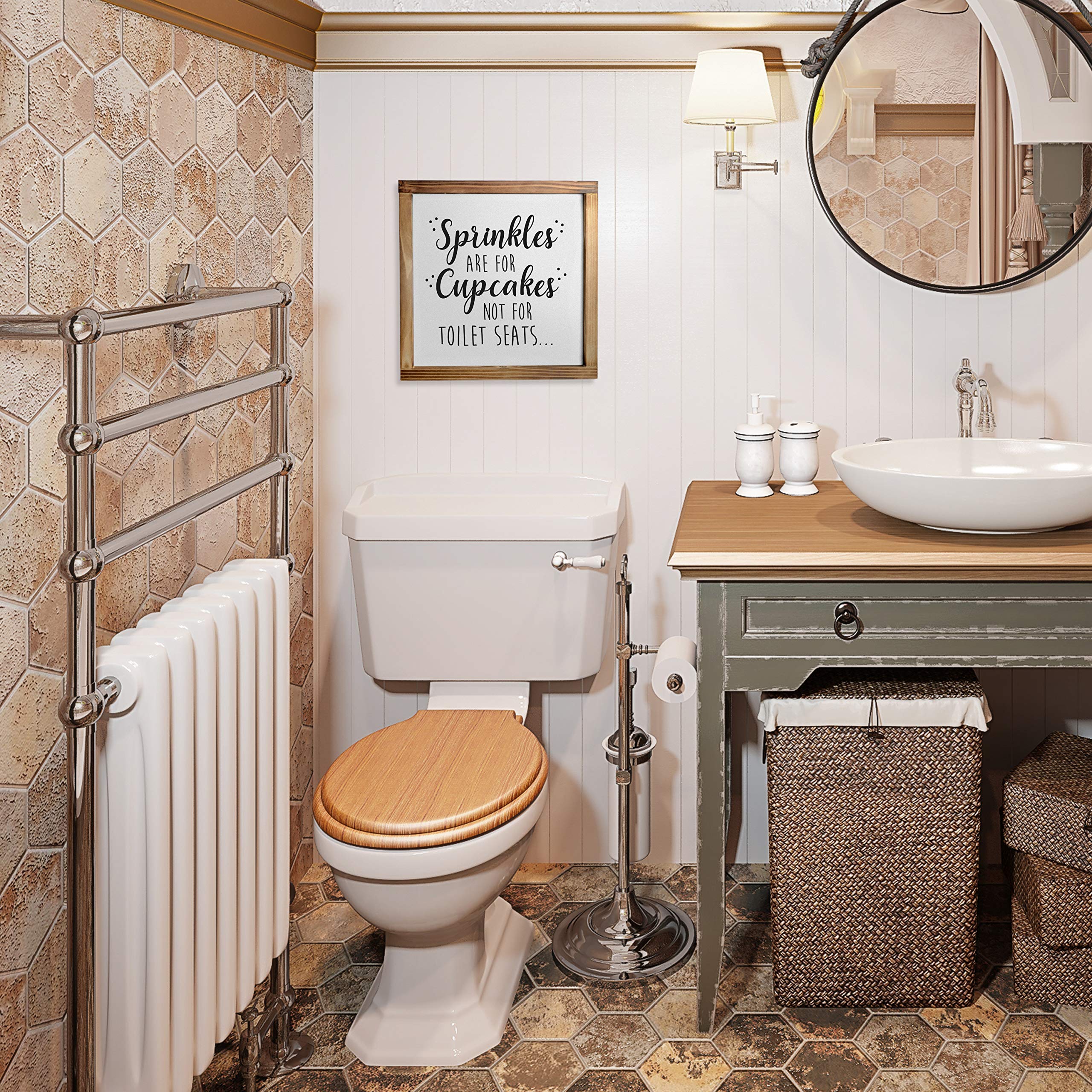 Funny Rustic Bathroom Sign - Sprinkles Are For Cupcakes Not for Toilet Seats - 12x12 Inch Modern Farmhouse Wall Decor for Half Bath, Powder Room & Guest Bathroom - Humorous Home Decor with Witty Sayings
